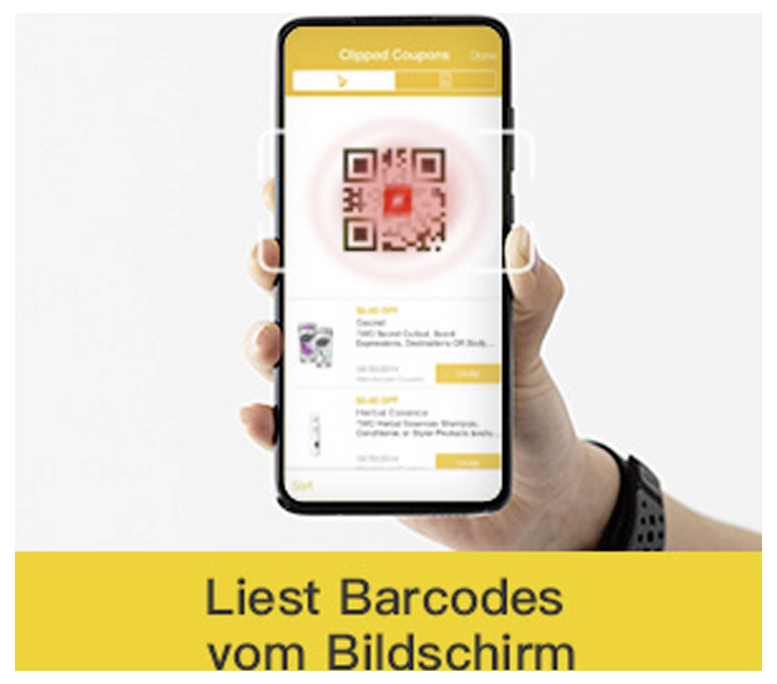 Eine Hand hält ein Smartphone, das eine QR-Code-Scanner-App anzeigt. Der Bildschirm zeigt einen rot hervorgehobenen QR-Code und Coupon-Details darunter.