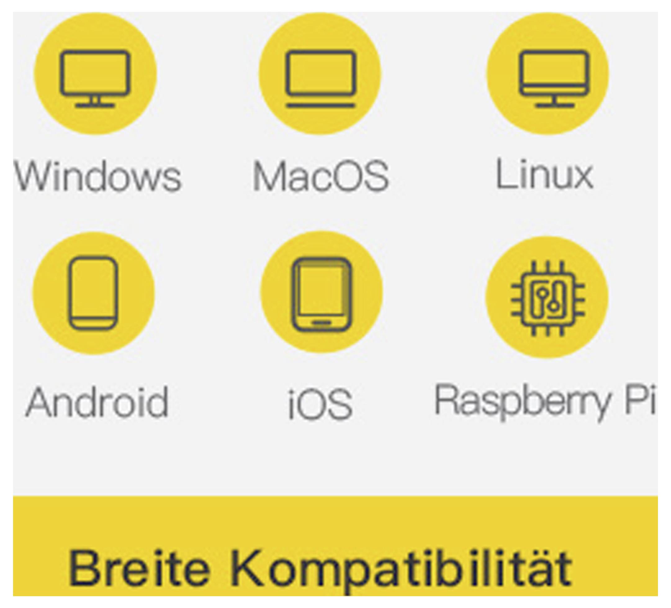 Windows, MacOS, Linux, Android, iOS, Raspberry Pi Kompatibilitätssymbole mit Text „Breite Kompatibilität
