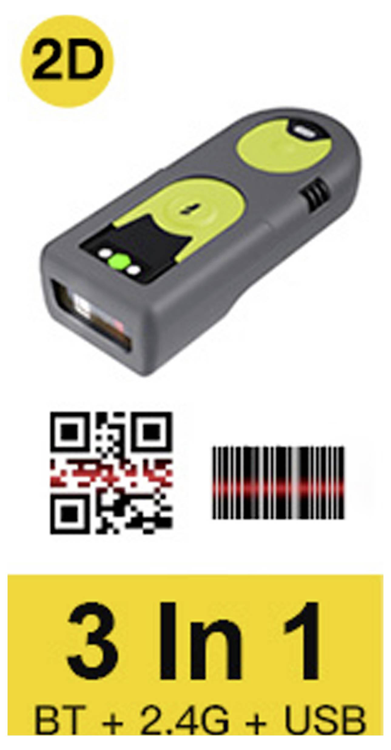 2D-Barcode-Scanner mit 3-in-1-Konnektivität: Bluetooth, 2,4G, USB. Mit QR- und Barcode-Scan-Funktionen.
