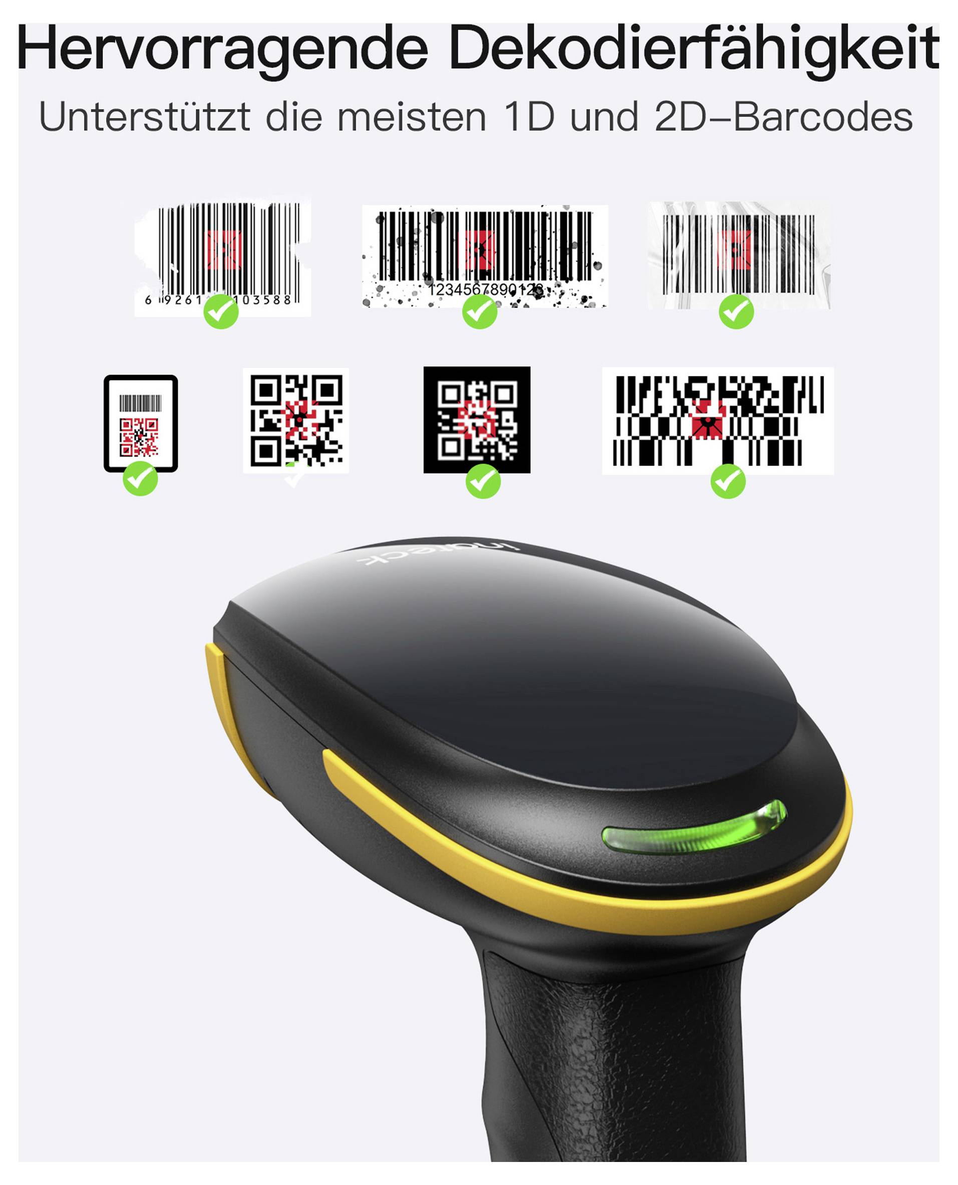 Ein Barcode-Scanner mit grünem Licht, das erfolgreiche Scans von 1D- und 2D-Barcodes anzeigt, die oben dargestellt sind. Der Text lautet: „Hervorragende Dekodierfähigkeit
