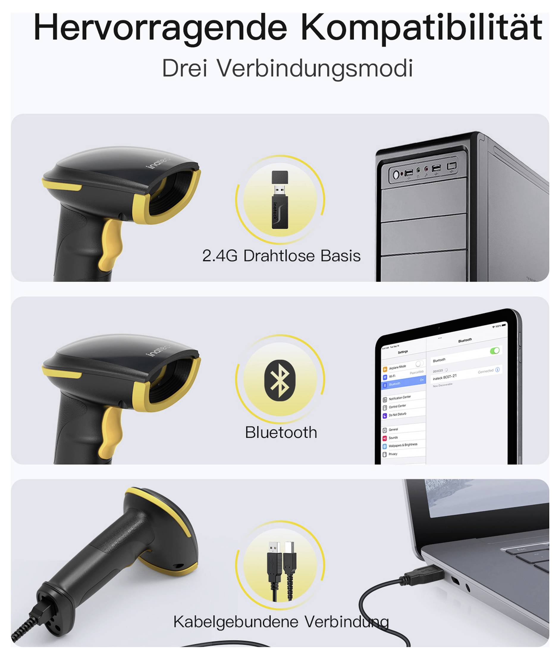 Inateck BCST-35_black Barcode-Scanner Bluetooth® 1D, 2D LED Black Hand-Scanner inkl. Standfuß