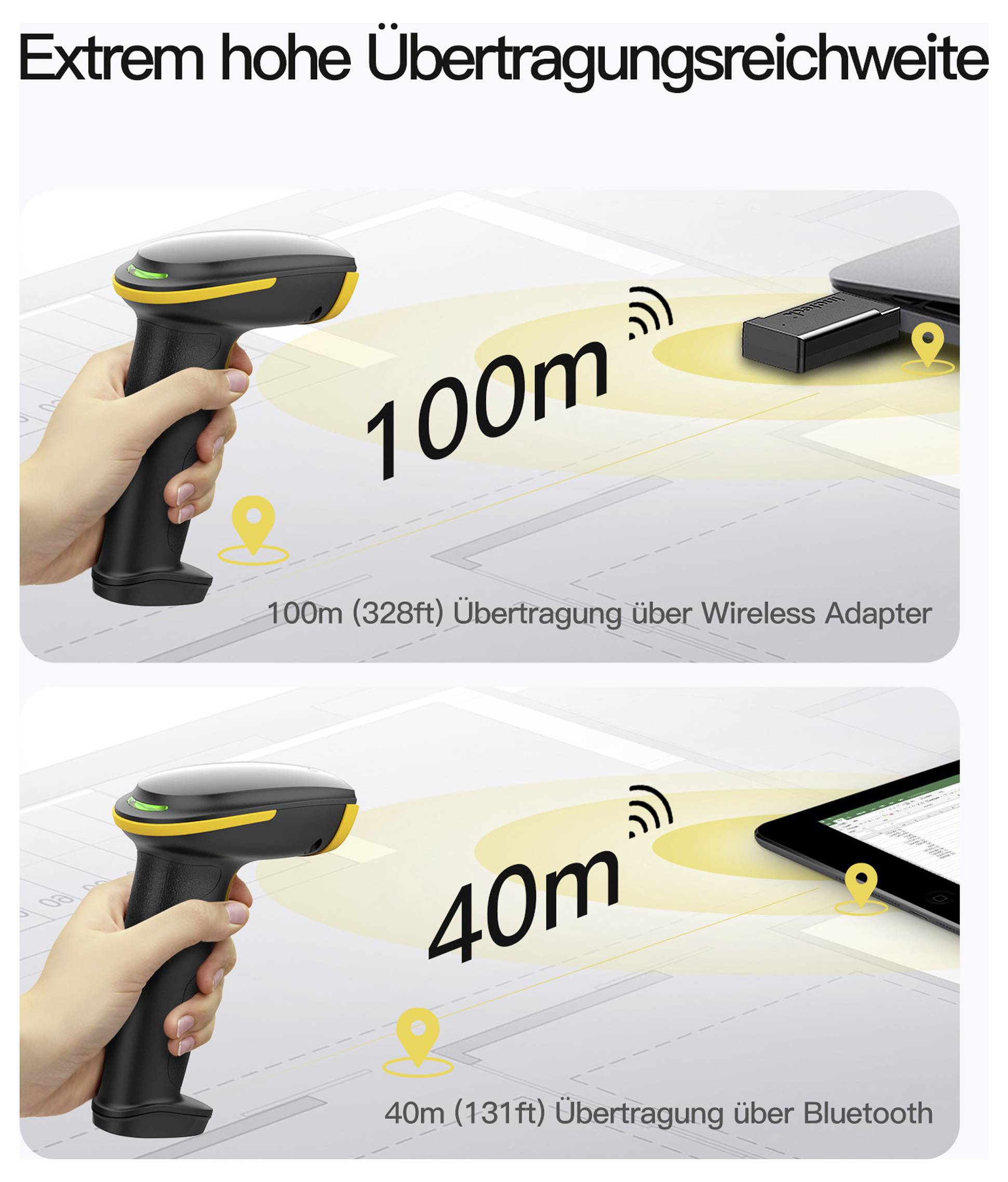 Das Bild zeigt einen Vergleich der Übertragungsbereiche von drahtlosen Scannern: 100m über Adapter und 40m über Bluetooth, mit visuellen Darstellungen jeder Einrichtung.