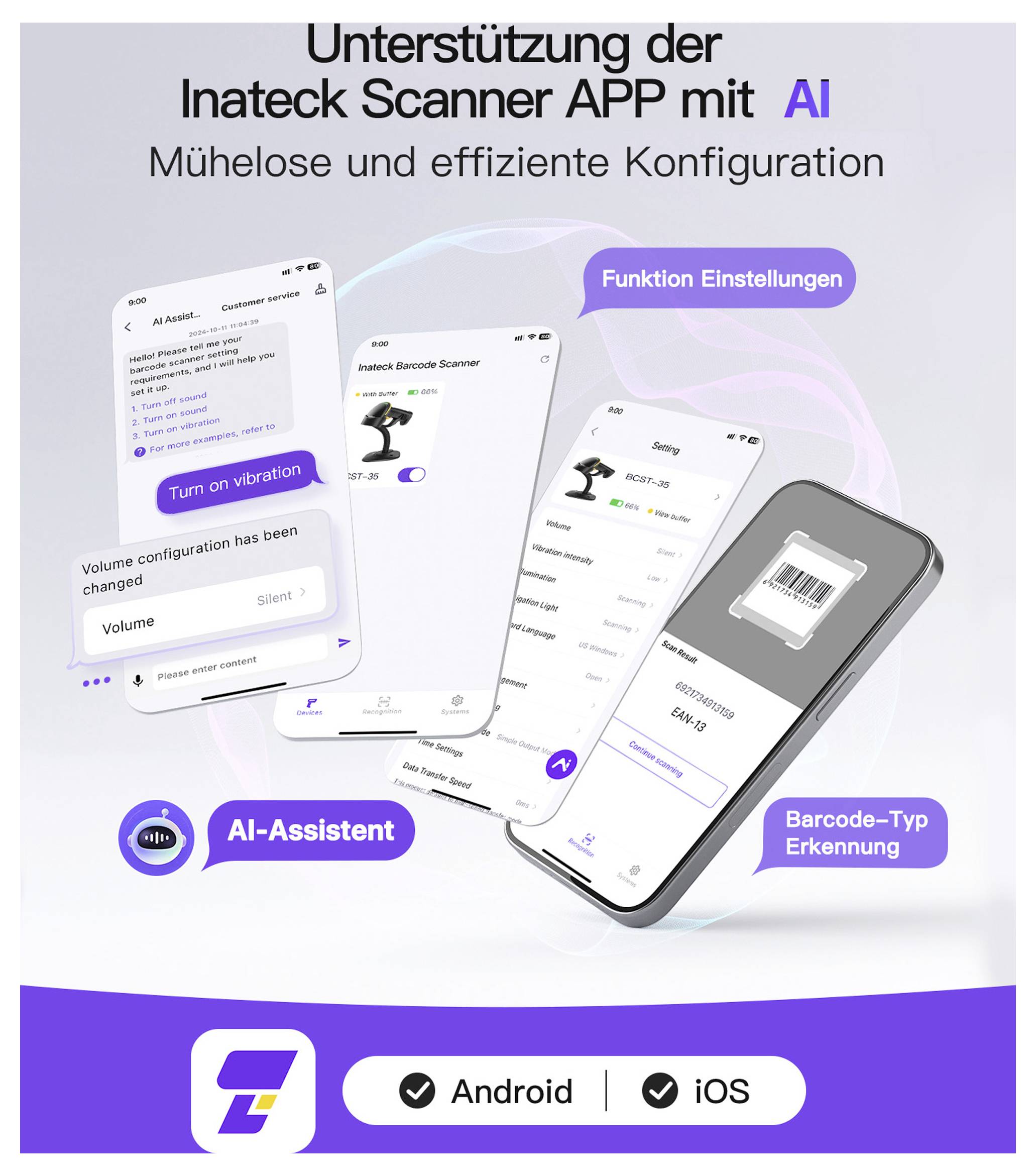 The image shows a promotional graphic for the Inateck Scanner App with 'AI' features, highlighting easy configuration on Android and iOS.