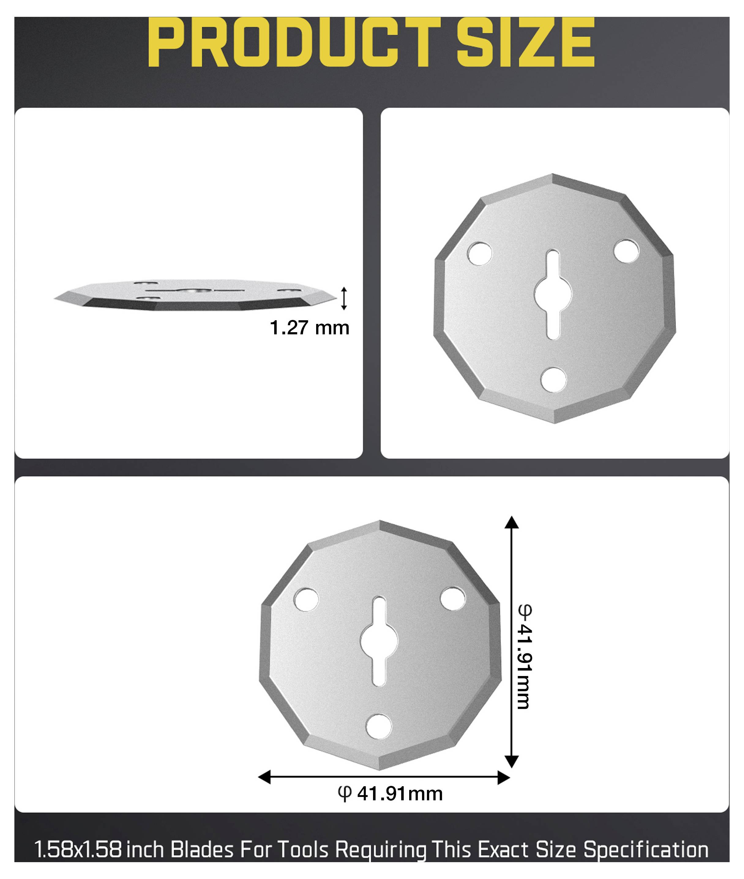 'Produktgröße': Zwei Bilder zeigen eine Klinge, Seitenansicht und Draufsicht. Die Seitenansicht zeigt die Dicke von 1,27 mm. Die Draufsicht zeigt einen Durchmesser von 41,91 mm.