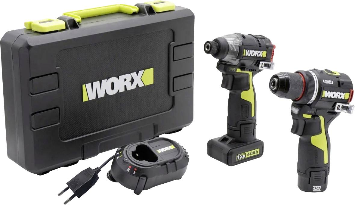 WORX tool kit with two cordless drills, battery charger, and black carrying case with green handle.