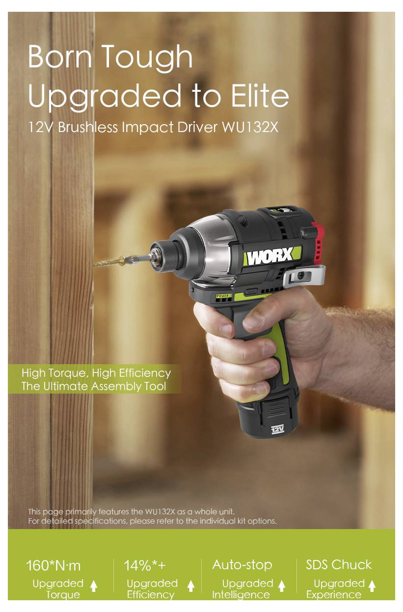 Person, die einen WORX WU132X 12V bürstenlosen Schlagschrauber an Holz verwendet, wobei Hochdrehmoment, Effizienz und intelligente Funktionen hervorgehoben werden.