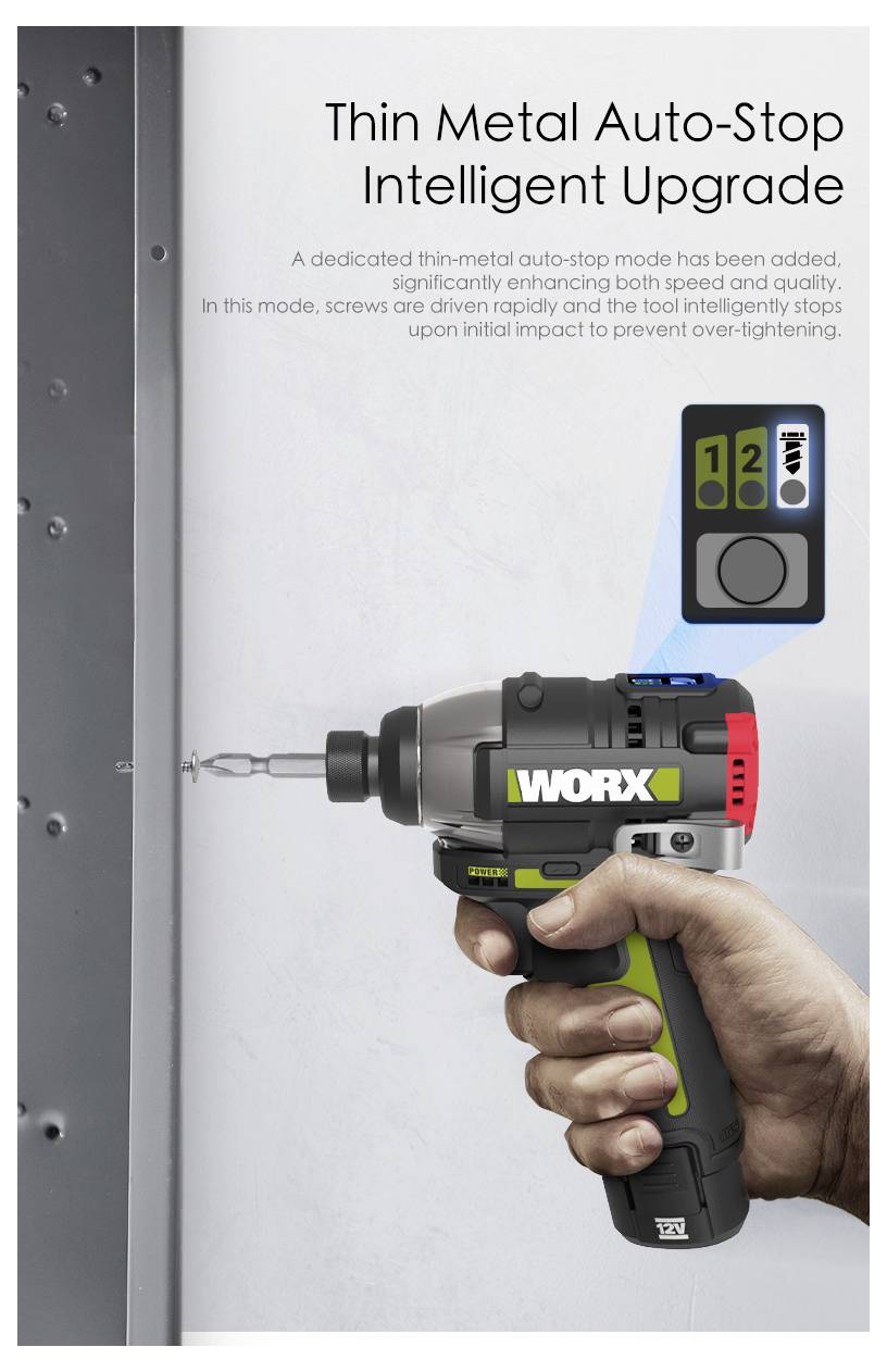 Eine Person, die ein Worx-Elektrowerkzeug verwendet, um Löcher in Metall zu bohren. Das Werkzeug verfügt über ein 'Auto-Stop Intelligent Upgrade' zur Verbesserung von Geschwindigkeit und Qualität.