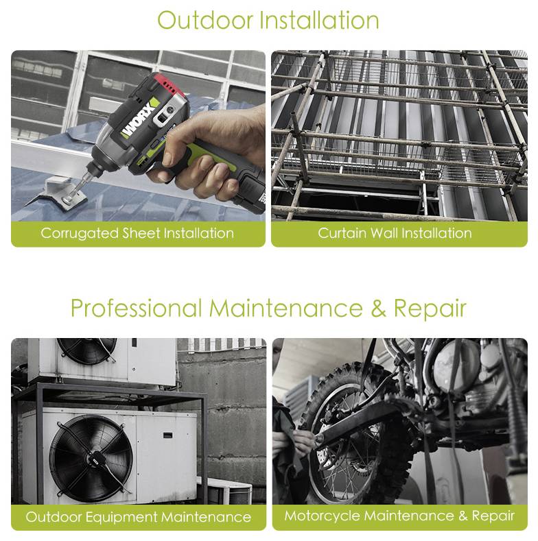 Hand hält einen Bohrer neben einem Wellblech, und Gerüst neben einem Gebäude; darunter Außenausrüstung und Motorradreparatur.