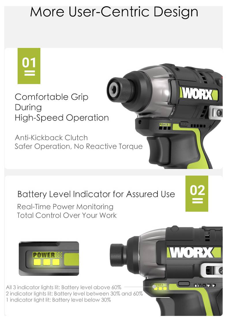 Das Bild zeigt einen Bohrer mit hervorgehobenen Funktionen: „Komfortabler Griff bei Hochgeschwindigkeitsbetrieb