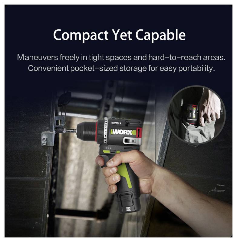 Eine Person benutzt einen kompakten Elektrobohrer in einem engen Raum; die Vergrößerung zeigt den Bohrer, der in eine Tasche passt. Der Text lautet: „Kompakt und dennoch leistungsstark.