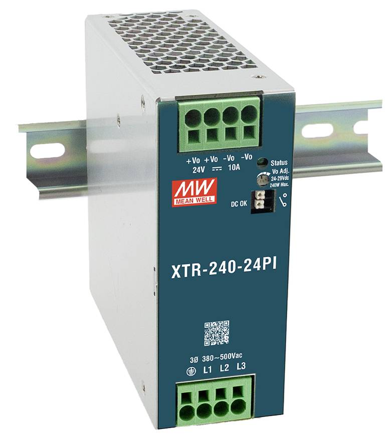 Ein Mean Well XTR-240-24PI DIN-Schienen-Netzteil mit Eingabe- und Ausgangsklemmen, Statusanzeige und Modell-Etikett.