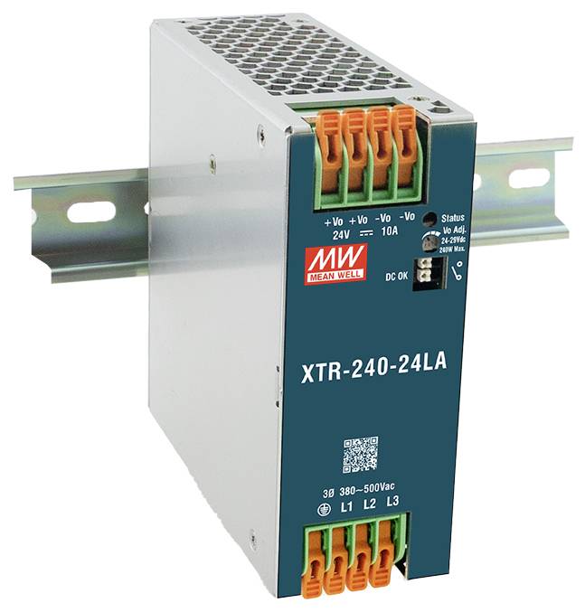 Ein rechteckiges industrielles Netzteil, montiert auf einer Metallschiene, mit der Bezeichnung 'XTR-240-24LA'. Es verfügt über orange und grüne Anschlüsse und eine Status-LED.
