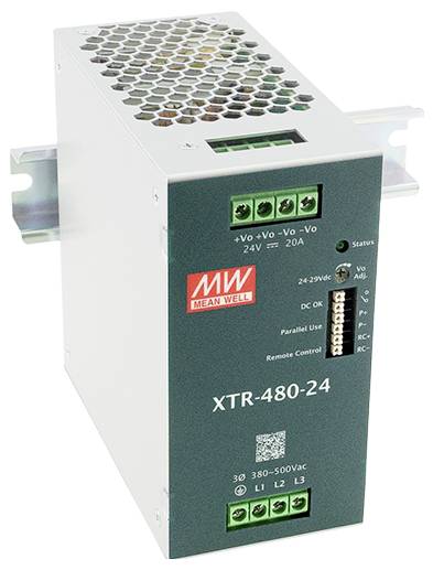 Mean Well XTR-480-24 Netzteil mit grüner Frontseite, mehreren Anschlüssen und Modellaufkleber. Liefert 24V bei 20A, Eingangsspannung 380-500V AC.