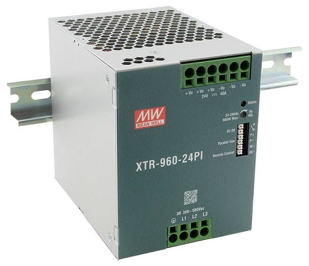 Mean Well XTR-960-24PI Netzteil für industrielle Anwendungen, auf einer Hutschiene montiert, mit mehreren Anschlussports und Statusanzeigen.