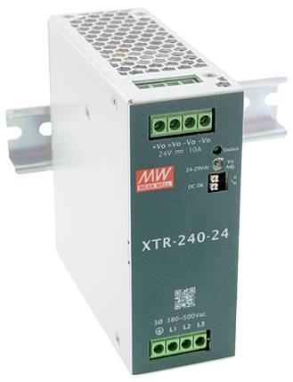 Ein MW Mean Well XTR-240-24 DIN-Schienen-Netzteil mit mehreren Anschlüssen und einem QR-Code, ausgelegt für einen Eingangsspannungsbereich von 380-500 VAC und einen Ausgang von 24V/10A.