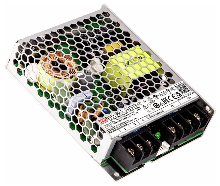 Eine metallgehäuste Stromversorgungseinheit mit sichtbaren Spulen und Elektronik, ausgestattet mit einem Wabengitter, Etiketten und mehreren Anschlussklemmen.