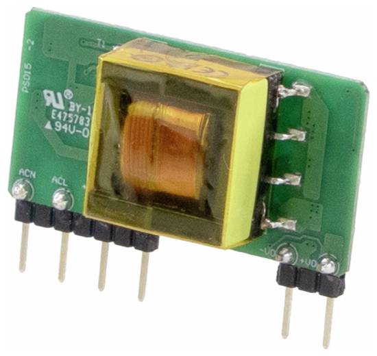 Eine kleine elektronische Komponente mit einer grünen Leiterplatte, einem gelben Transformator und mehreren Metallstiften für die Verbindung.