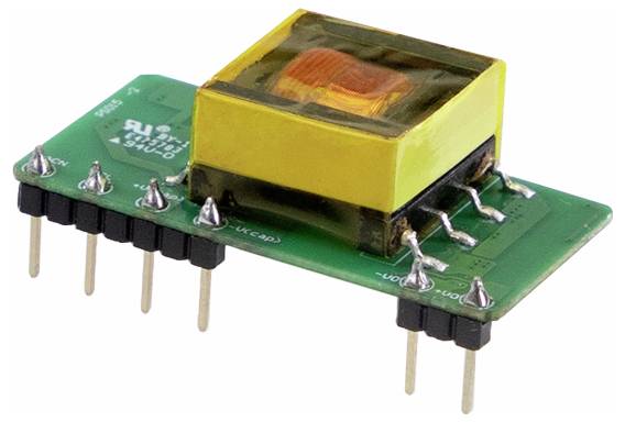 Eine kleine rechteckige elektronische Komponente mit einer gelben Spule auf einer grünen Leiterplatte und mehreren Metallpins für die Verbindung.