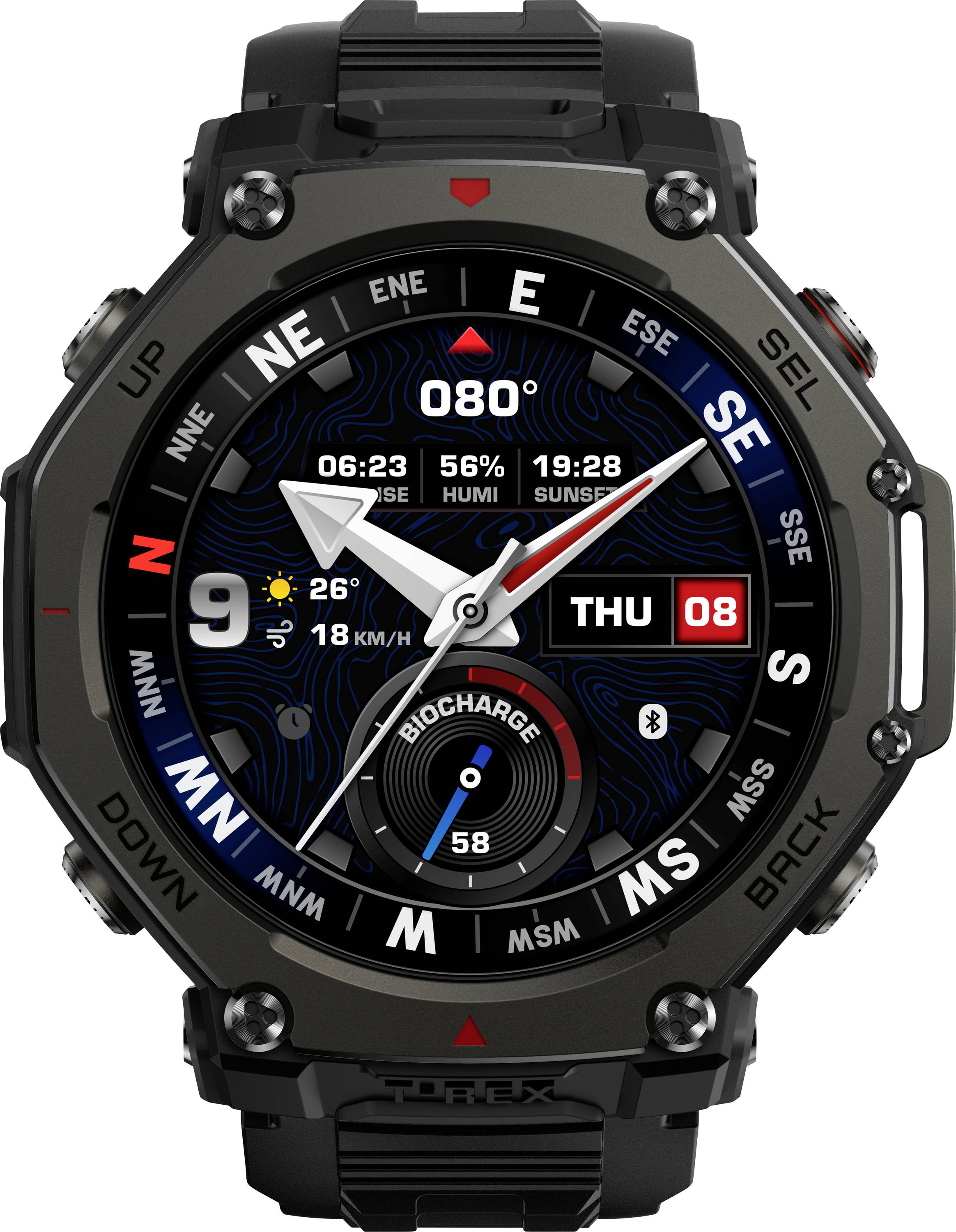 Ein digitales Smartwatch-Display zeigt die Zeit 06:23, Datum 'Do 08', Wetter 26°C, Sonnenuntergang um 19:28 und verschiedene Fitnesswerte.