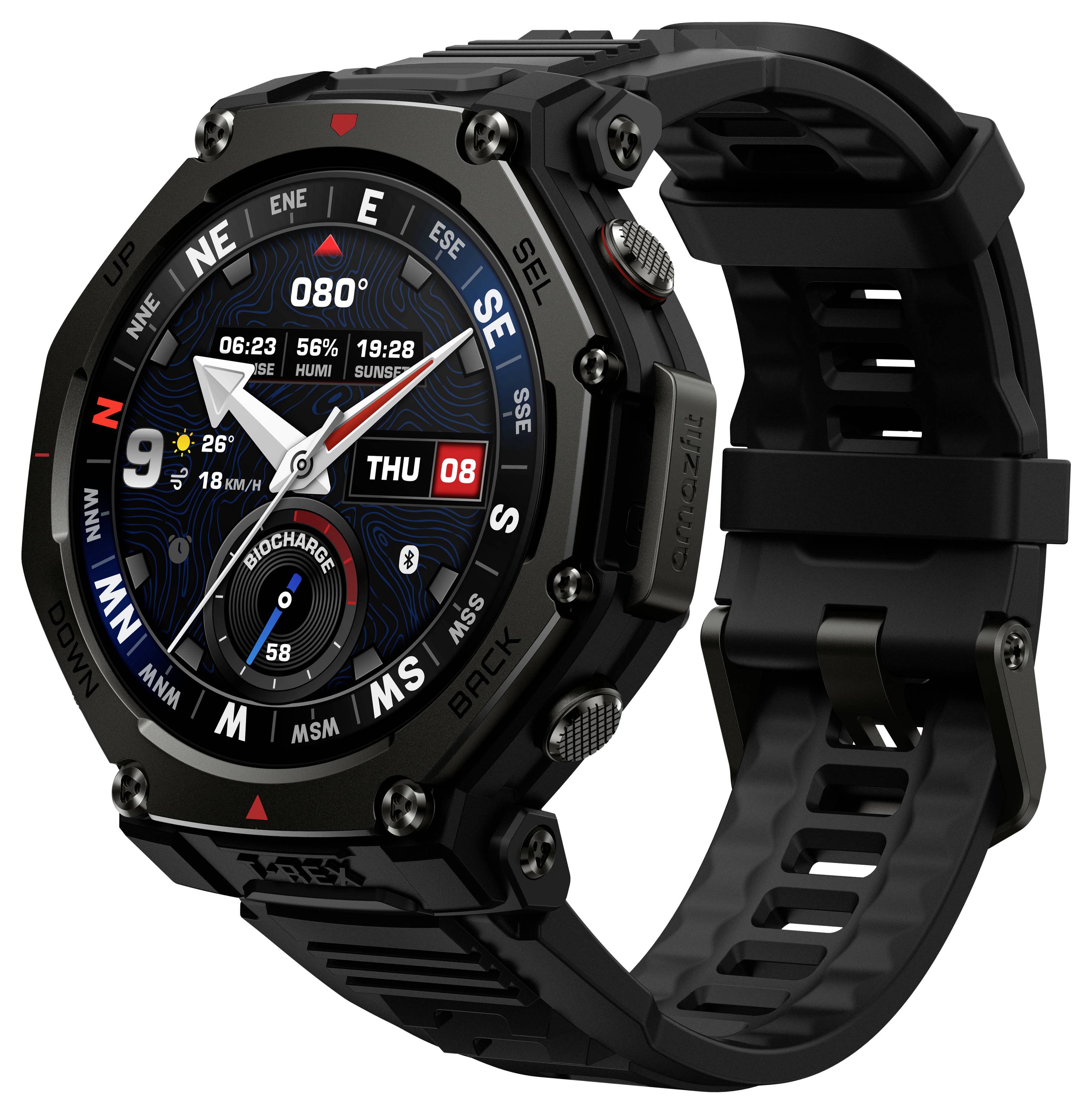 Eine robuste schwarze Smartwatch mit Anzeige von Uhrzeit, Datum, Kompass, Wetter und Fitness-Tracking-Funktionen auf ihrem kreisförmigen Bildschirm.