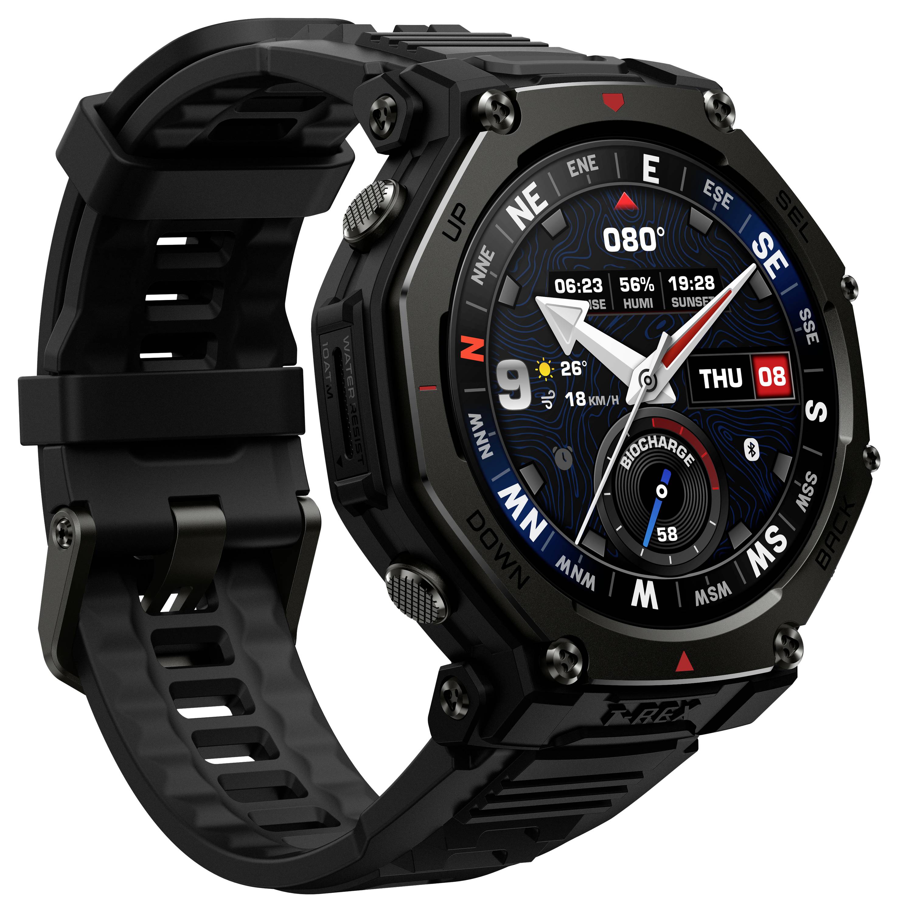 Eine robuste schwarze Smartwatch, die Kompassrichtungen und Fitnessdaten wie Schrittzahl und Herzfrequenz anzeigt, mit digitaler Uhrzeit und Datum.