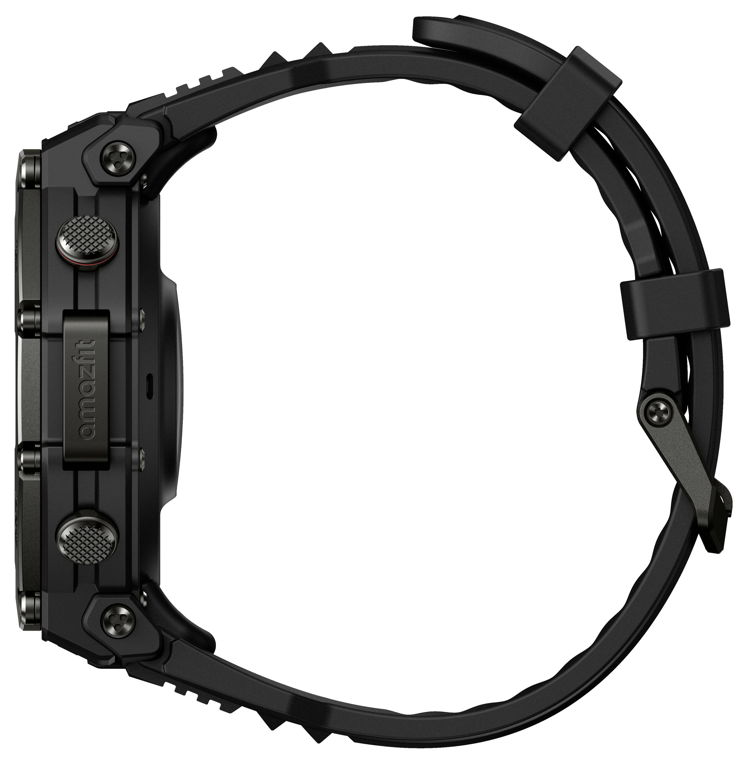 Eine schwarze Smartwatch mit robustem Design, Seitenknöpfen und der Aufschrift 