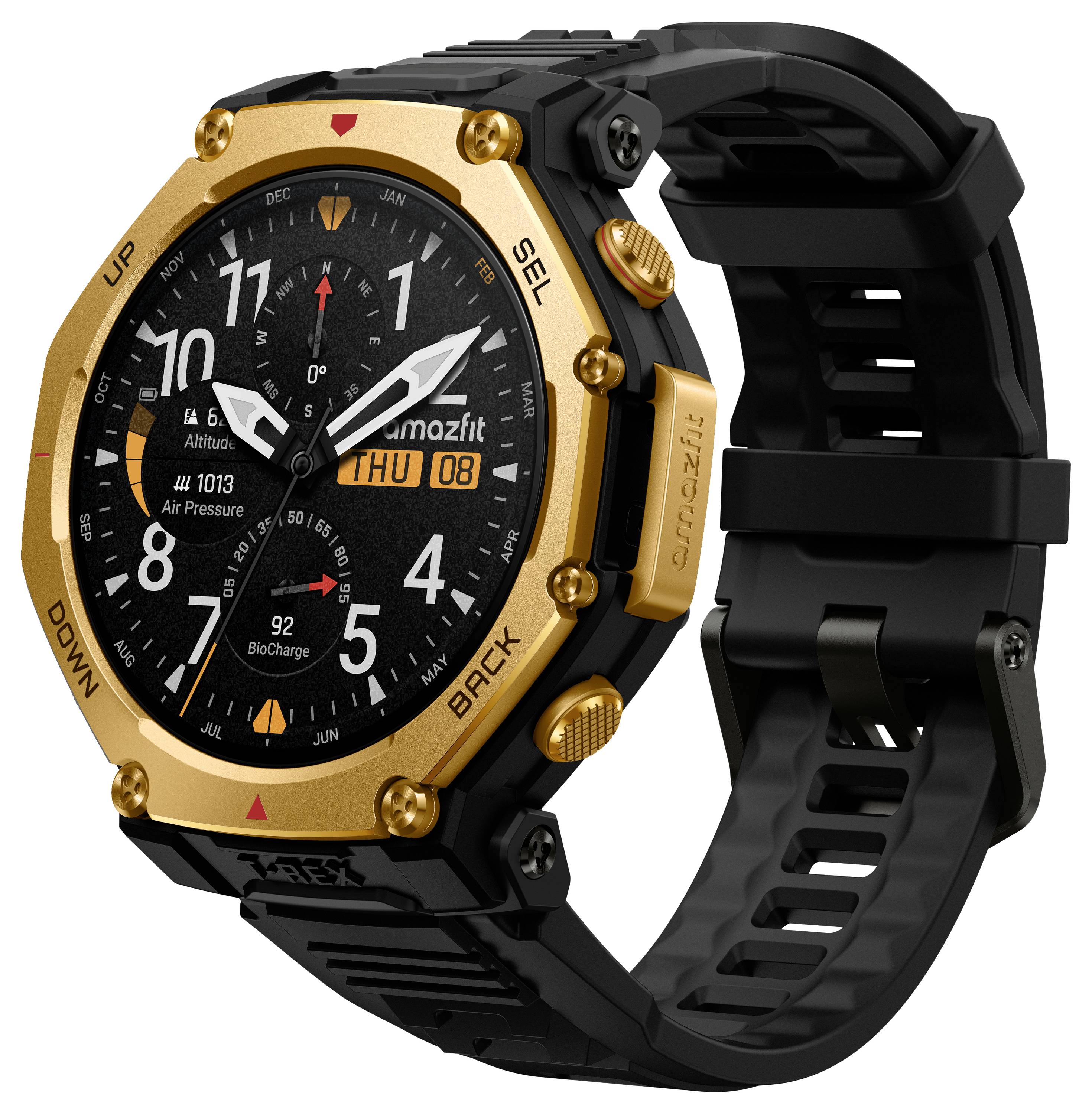 Eine Smartwatch mit einem Gold- und Schwarzdesign zeigt Zeit, Datum, Höhe, Luftdruck und Herzfrequenz auf einem runden Bildschirm mit Tasten an der Seite.