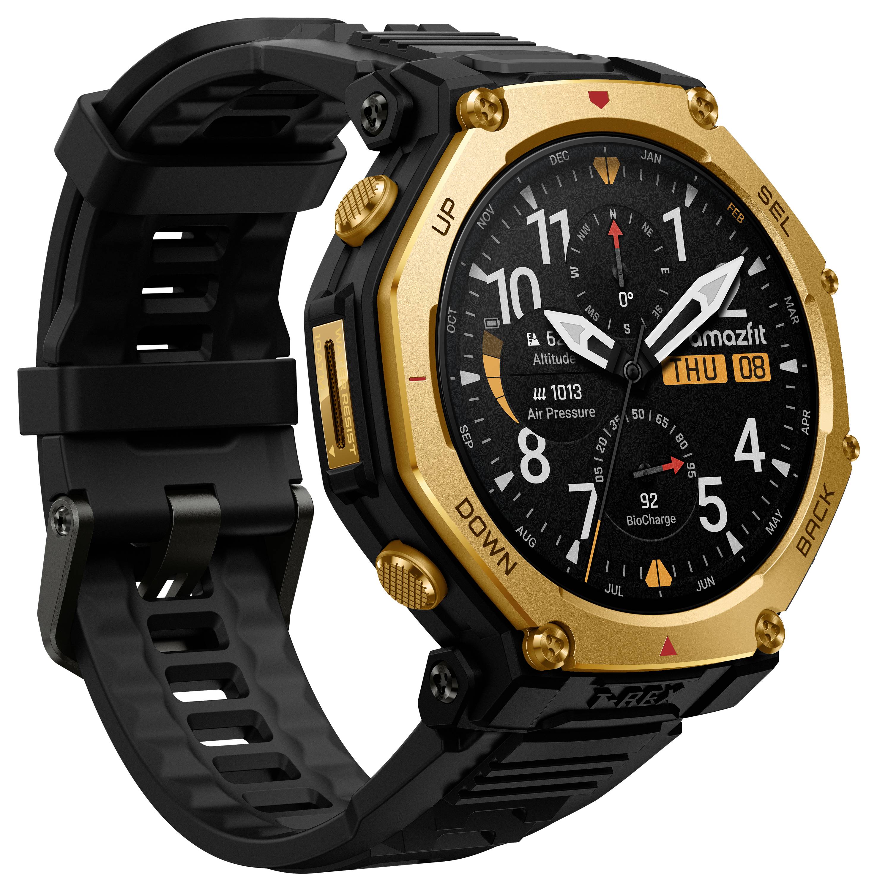 Eine Smartwatch mit einem robusten schwarzen und goldenen Design, die die Uhrzeit als 10:08 auf einem digitalen Display zeigt, zusammen mit verschiedenen Fitness-Metriken.