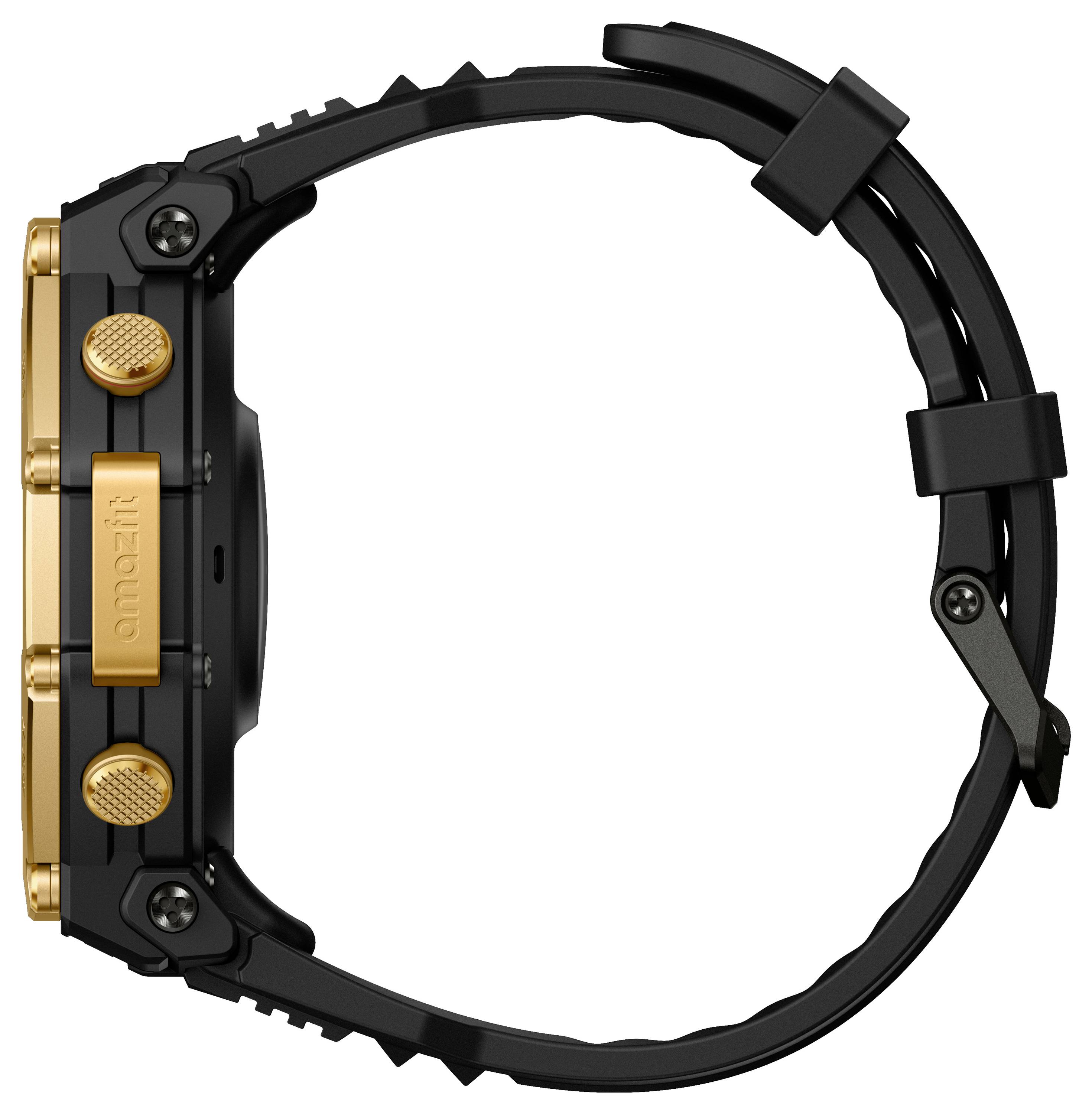 Eine Seitenansicht einer schwarzen Smartwatch mit goldenen Tasten und einem schwarzen verstellbaren Armband. Das Zifferblatt ist nicht sichtbar.