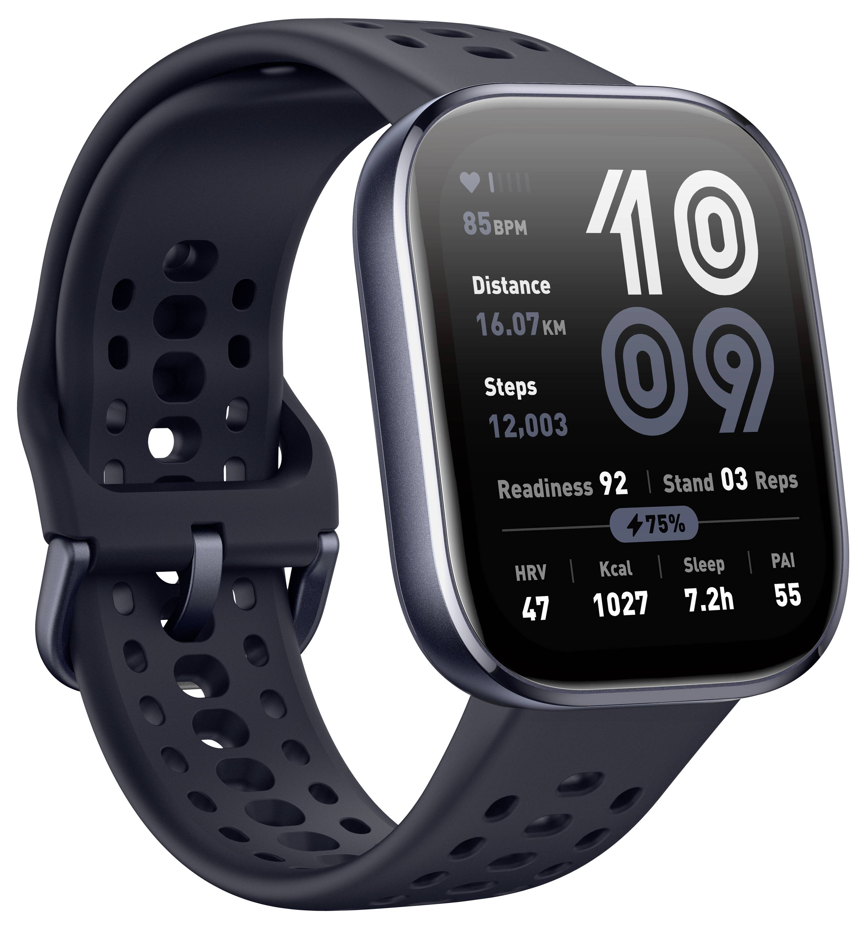 Eine Smartwatch zeigt Fitness-Metriken an: Herzfrequenz, Distanz von 16,07 km, 12.003 Schritte, Akku bei 75 %, Schlafdauer von 7,2 h und PAI-Score.