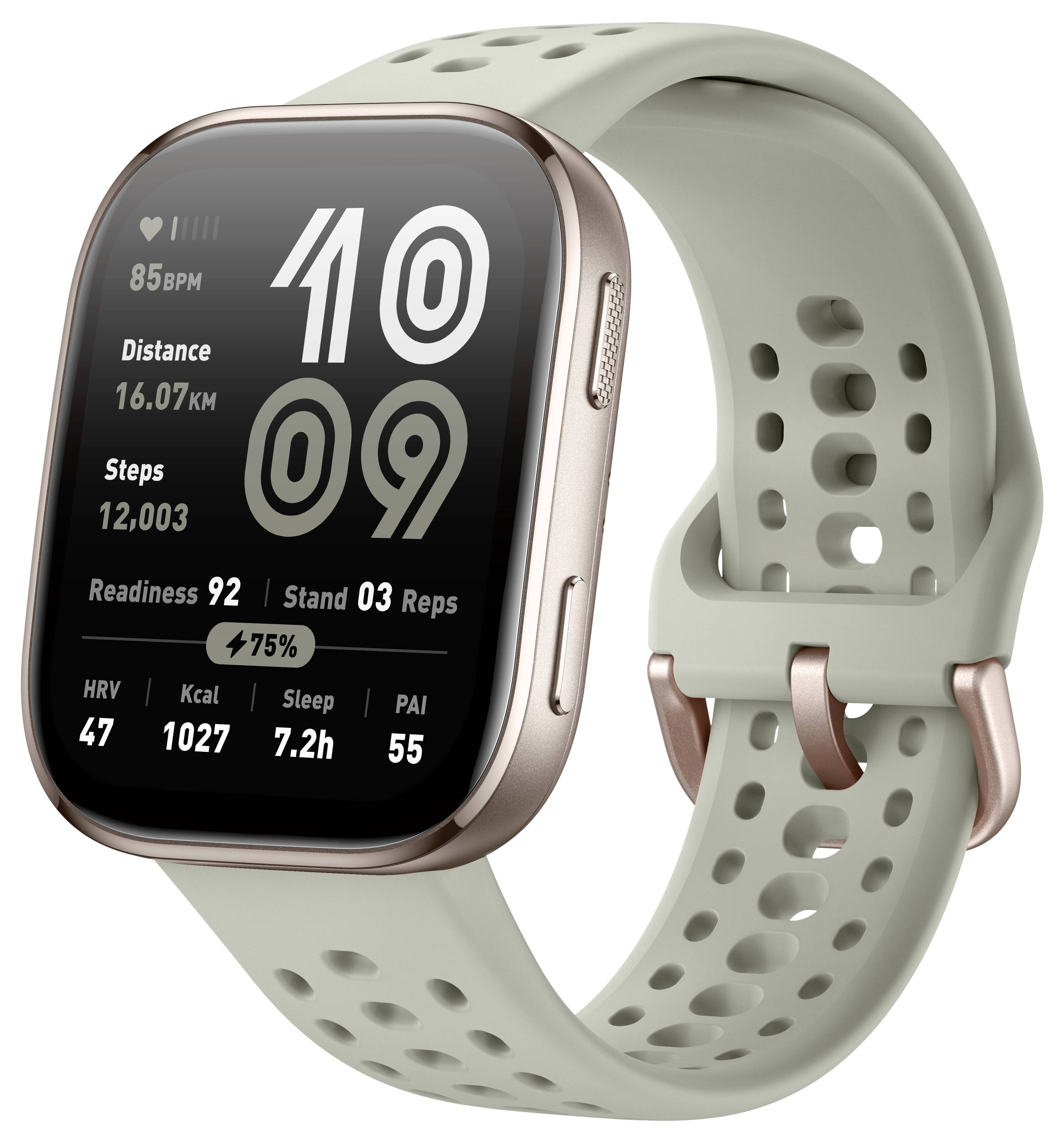 Eine Smartwatch zeigt Gesundheitsmetriken an: Herzfrequenz 85 BPM, Distanz 16,07 km, Schritte 12.003, Bereitschaftsscore 92, HRV 47 und Kalorien 1.027.