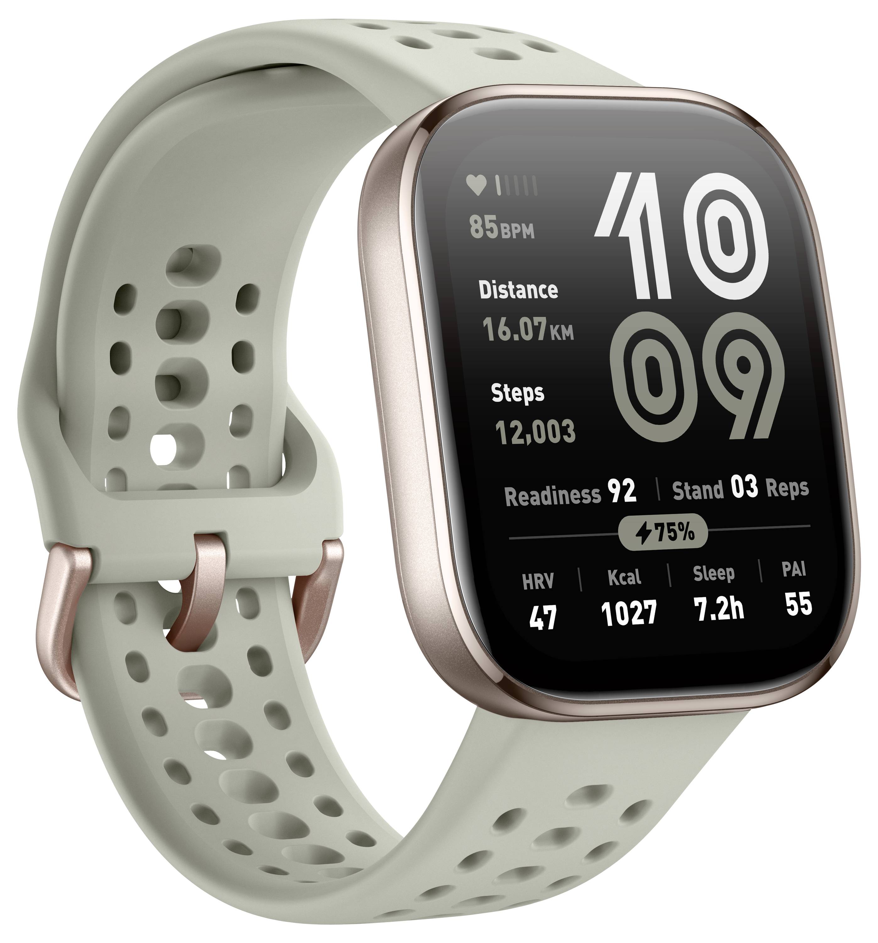 Eine Smartwatch mit einem roségoldenen Gehäuse und einem hellgrauen Armband zeigt Gesundheitsmetriken: Herzfrequenz 85 BPM, Distanz 16,07 km, Schritte 12.003, Bereitschaft und Zeit.