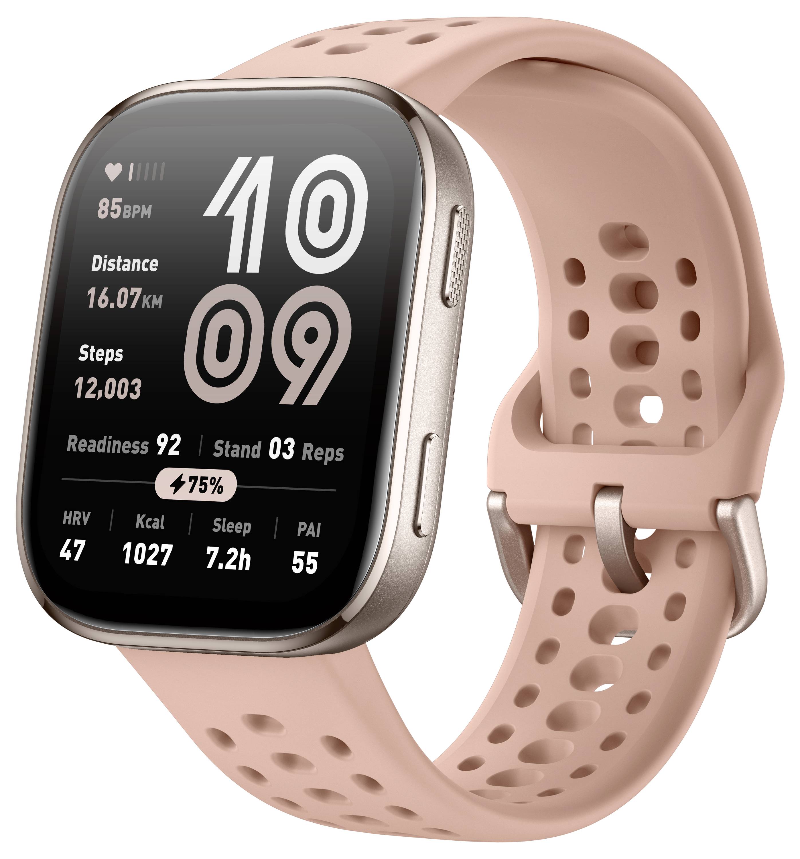 Eine rosa Smartwatch zeigt Zeit '10:09', Herzfrequenz '85 BPM', Distanz '16,07 KM', Schritte '12.003', Bereitschaft '92%', Stand '03', Wiederholungen '75%'.