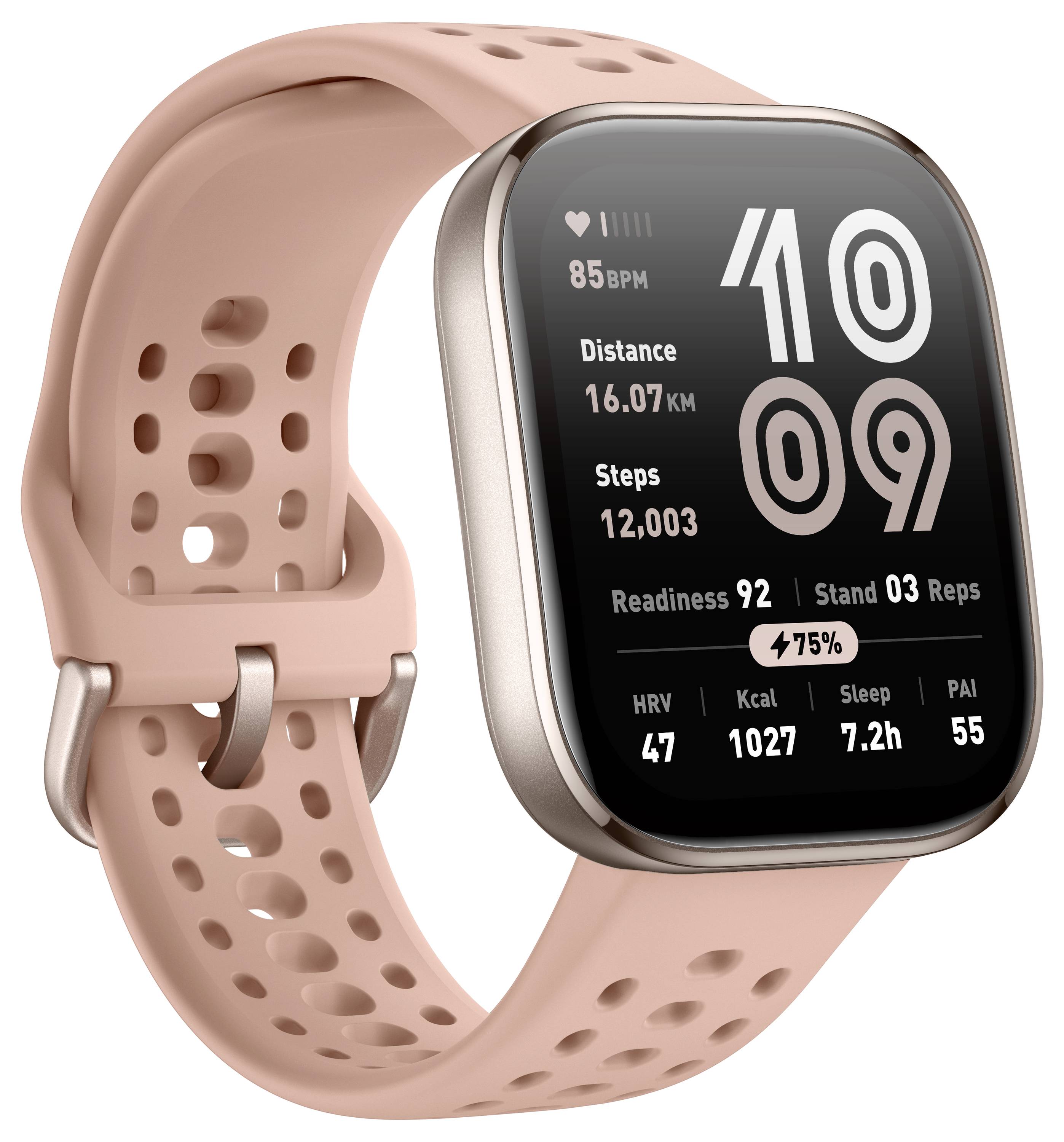 Eine Smartwatch mit einem rosa Armband zeigt Zeit, Herzfrequenz '85 BPM', Distanz '16,07 KM' und Schritte '12.003' auf ihrem Bildschirm.