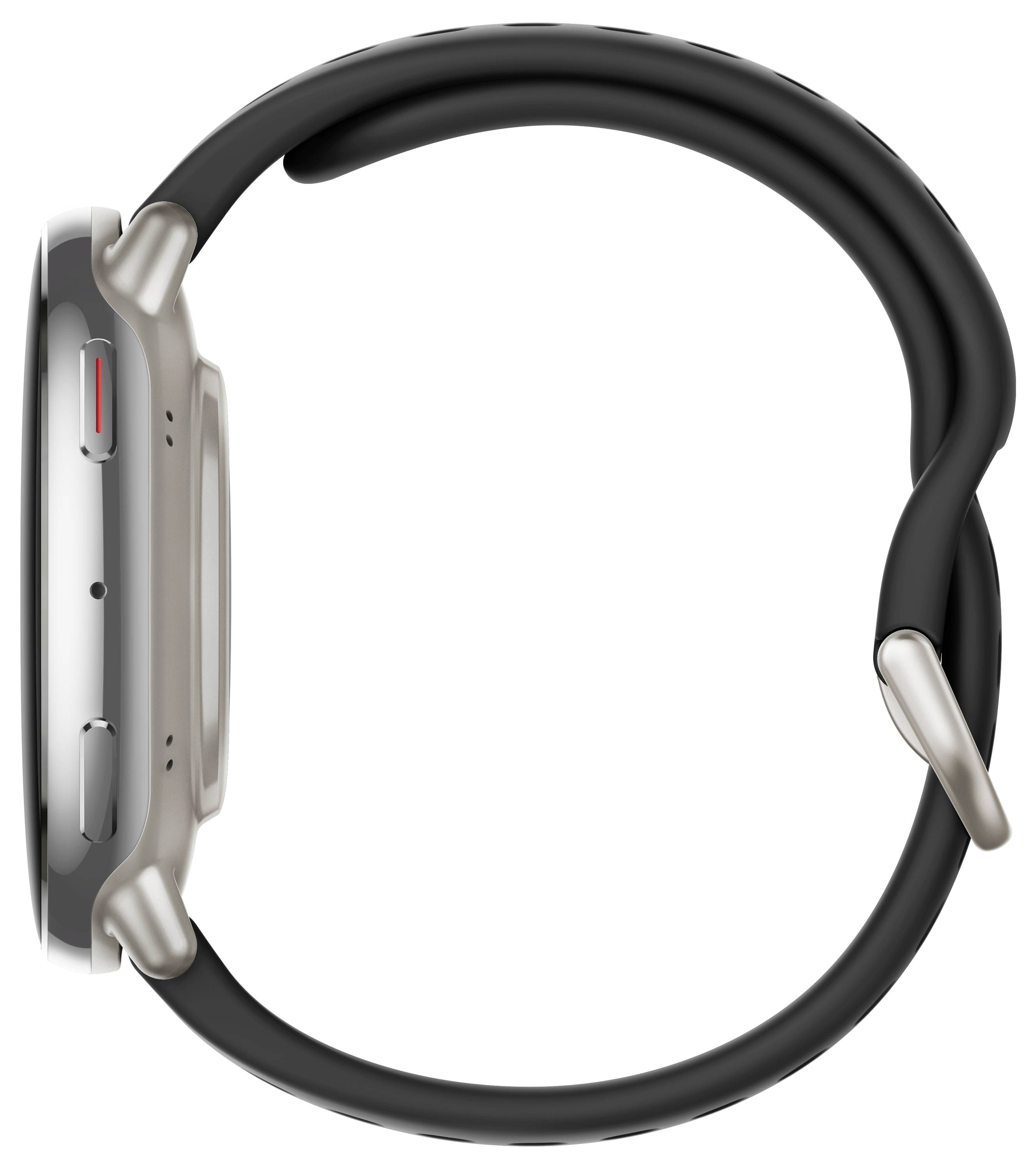 Seitenansicht einer Smartwatch mit einem schwarzen Armband, die ihr Profil und die Positionierung der Tasten zeigt.