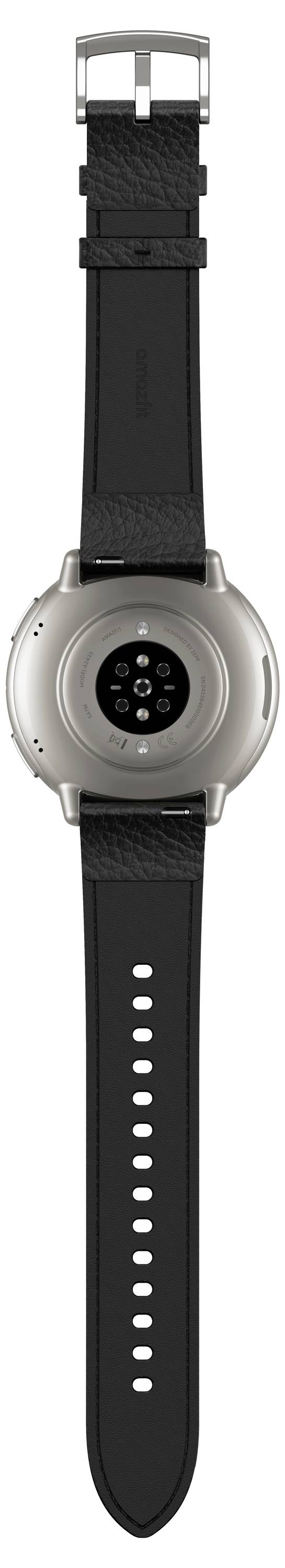 Eine Smartwatch, von hinten betrachtet, mit einem Metallgehäuse, einem kreisförmigen Sensor in der Mitte und einem schwarzen verstellbaren Armband.