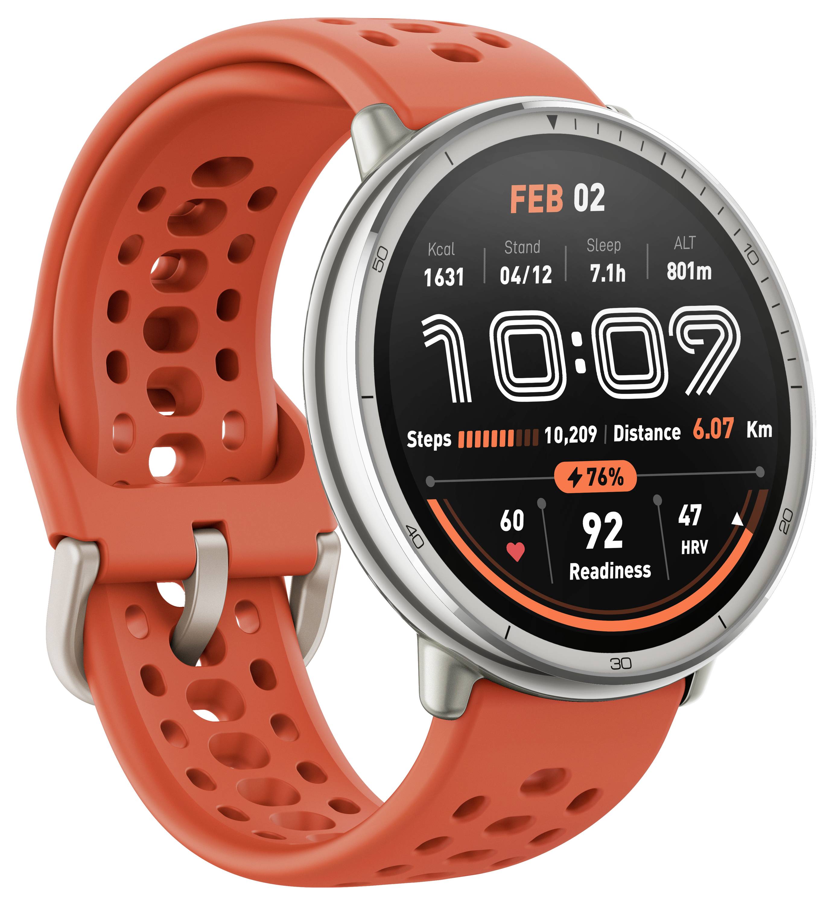 Eine runde Smartwatch mit einem orangefarbenen Armband zeigt ein digitales Display mit dem Datum '02. Feb', der Zeit '10:09', den Schritten '10.209' und der Distanz '6,07 km'.
