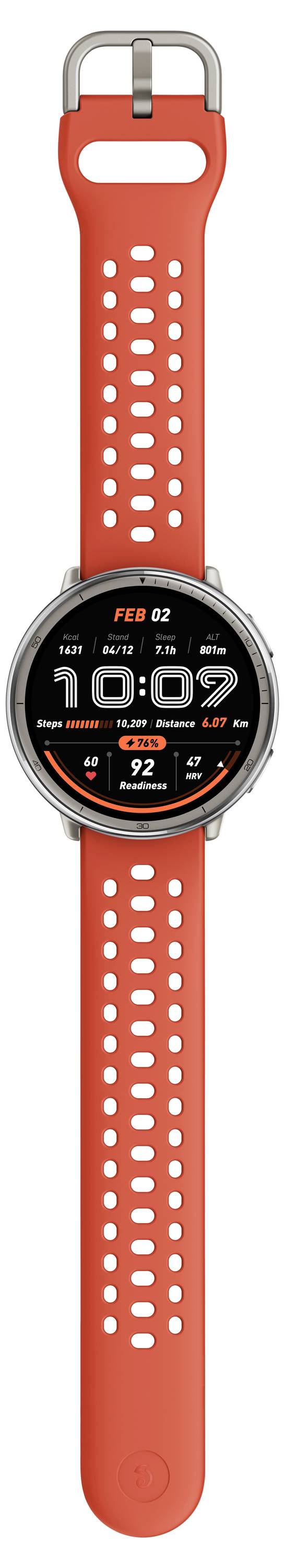 Eine intelligente Fitnessuhr mit einem roten gelochten Band zeigt Herzfrequenz und Zeit an.