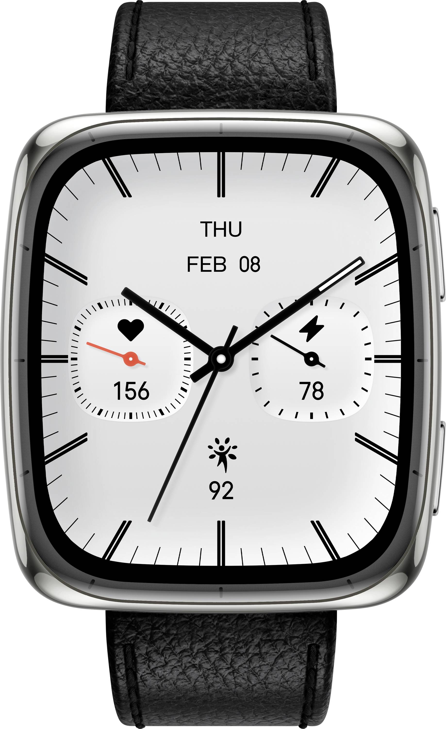 Ein rechteckiger Smartwatch, der die Uhrzeit 10:09, das Datum 'Do, Feb 08,' die Herzfrequenz 156 bpm, den Energielevel 78 und die Temperatur 92°F zeigt.