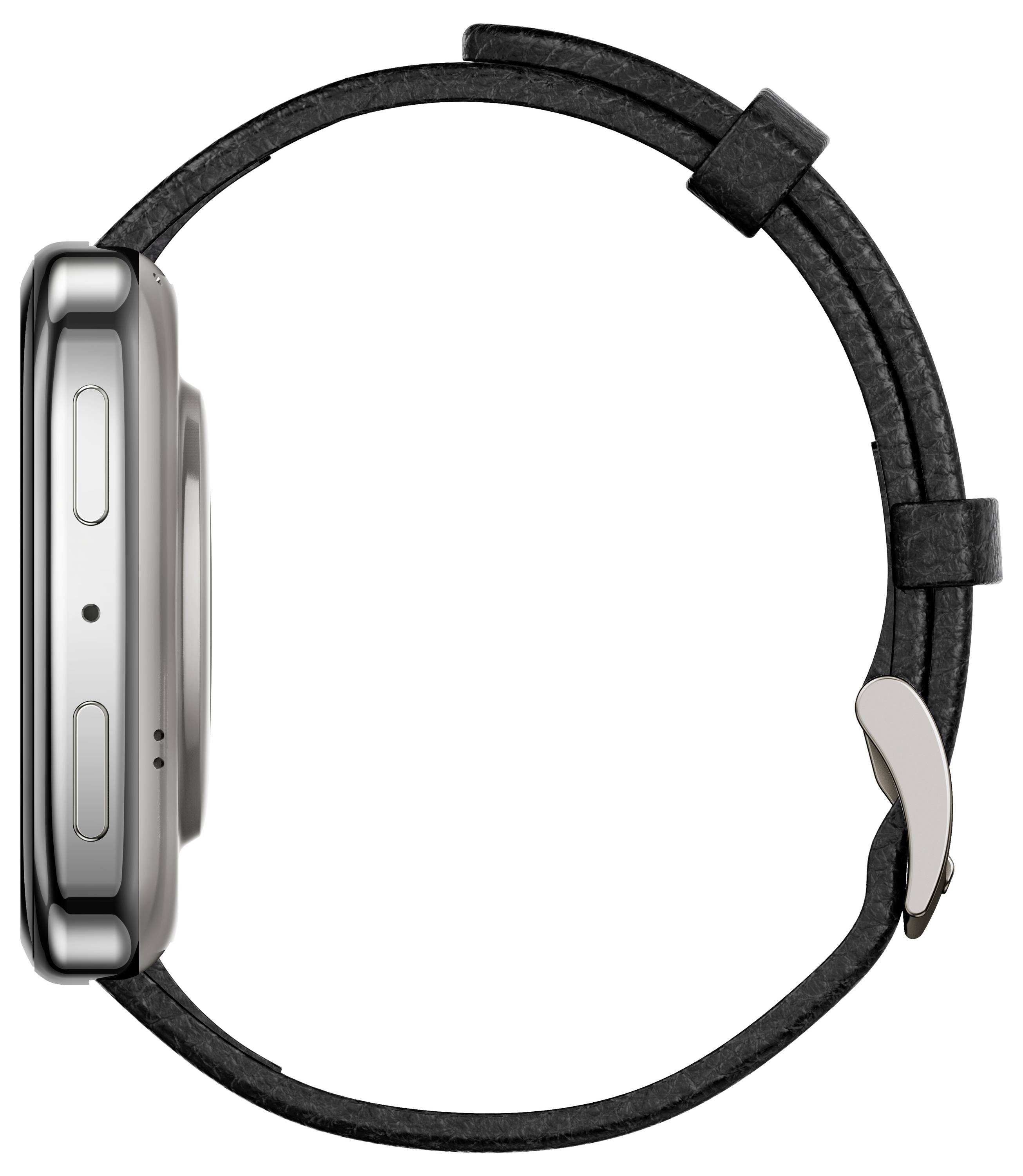Eine Seitenansicht einer Smartwatch mit Metallgehäuse und schwarzem Lederarmband, ausgestattet mit zwei Tasten an der Seite.