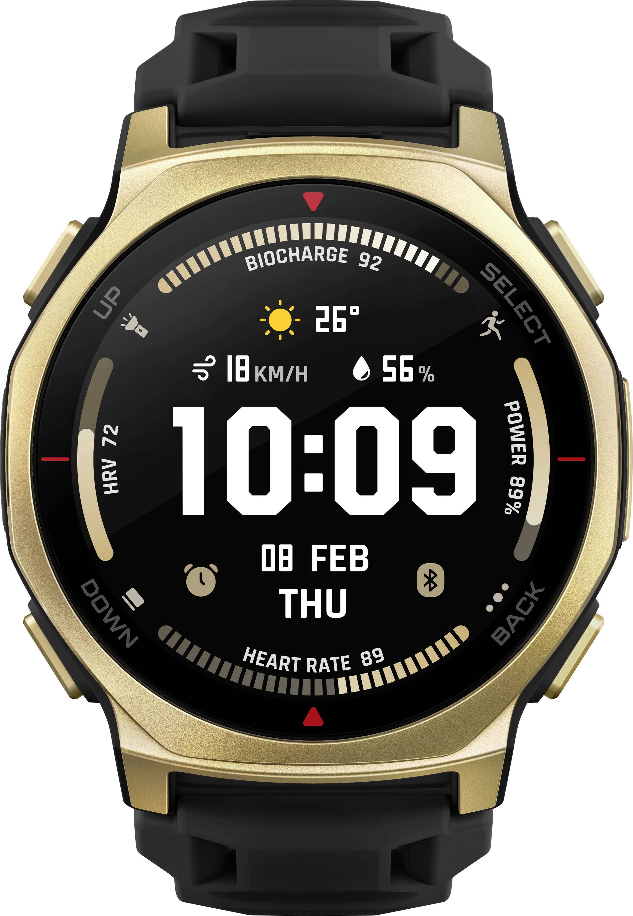 Schwarze und goldene runde Smartwatch mit digitalem Zifferblatt, das 10:09, 26°, 18 KM/H, 56% und das Datum „08 FEB THU