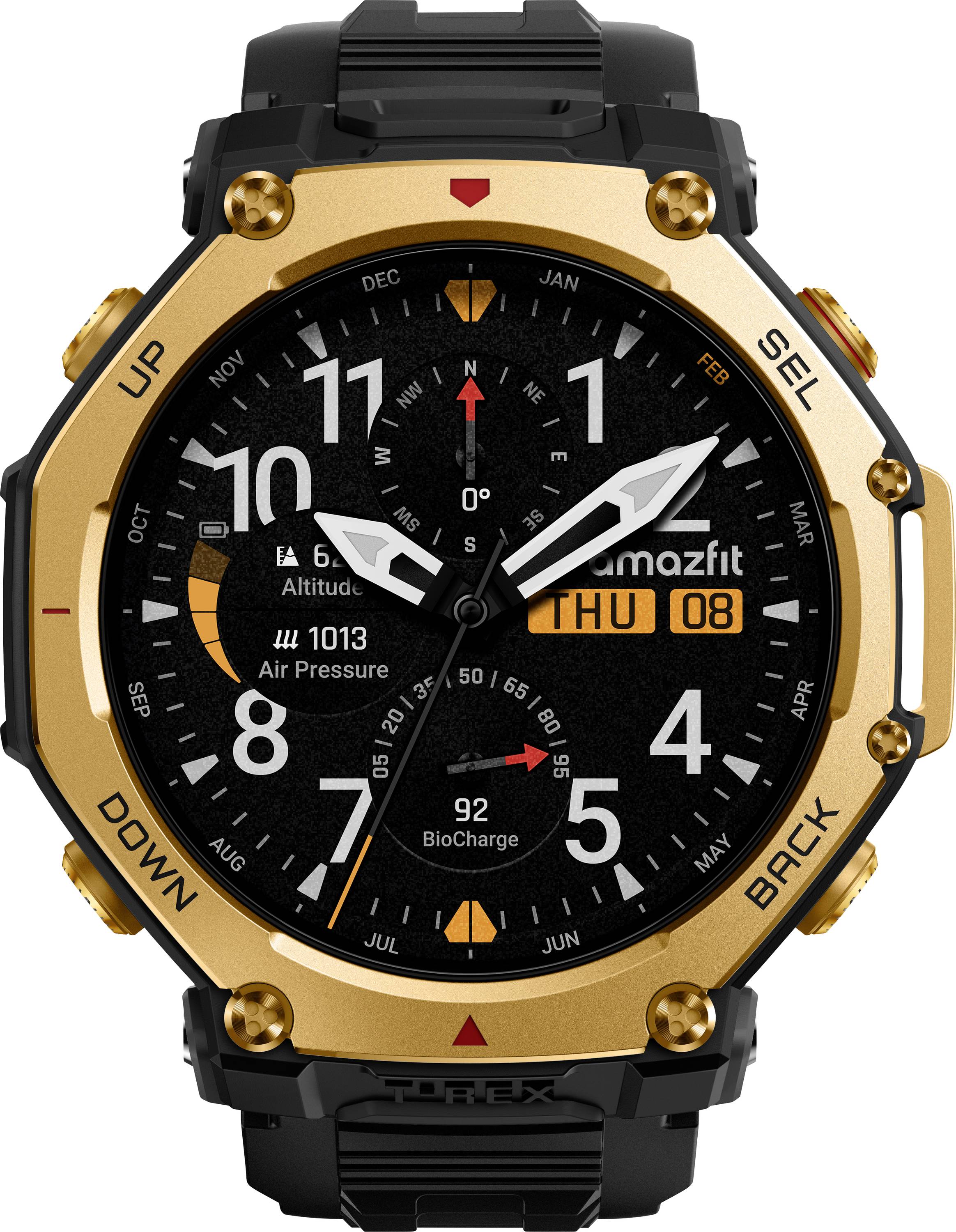 Eine Smartwatch mit robustem, schwarz-goldenem Design zeigt die Zeit als 11:10 an. Sie zeigt 'DO 08', Höhenmeter, Luftdruck und ein Akkusymbol.