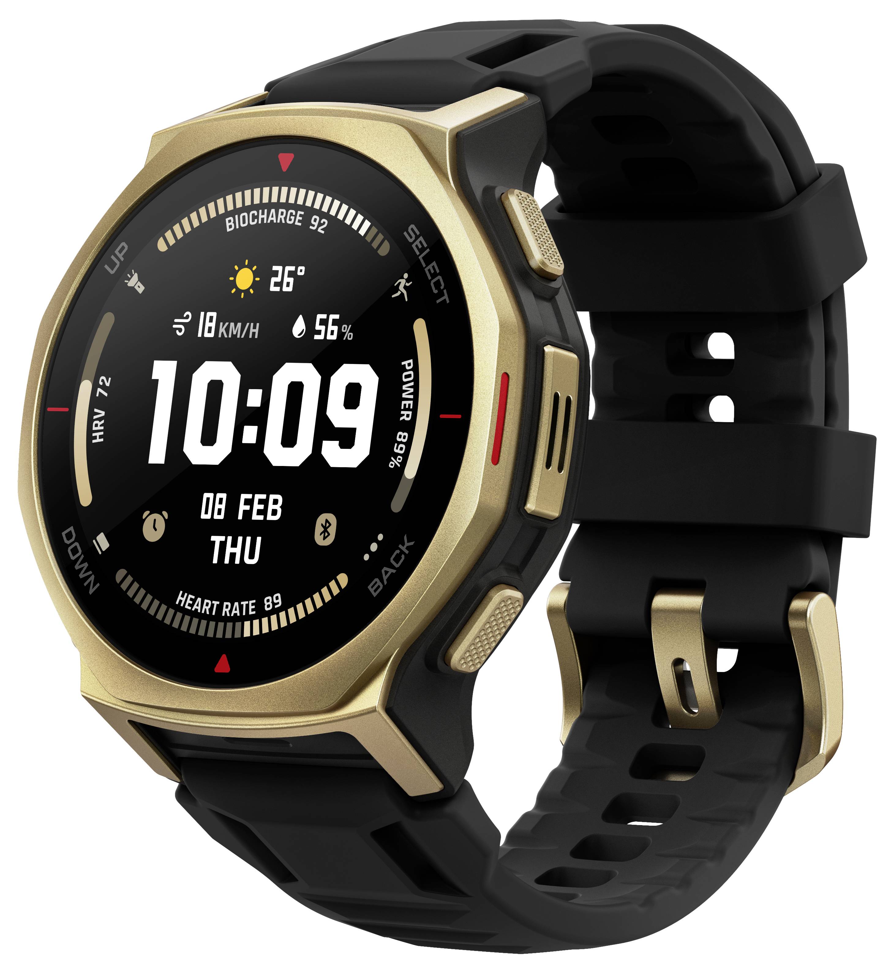 Goldschwarze runde Smartwatch mit schwarzem Armband, zeigt digitale Zeit 10:09, Wetter 26°, Datum 08 Feb Do und Fitness-Statistiken auf dem Bildschirm an.