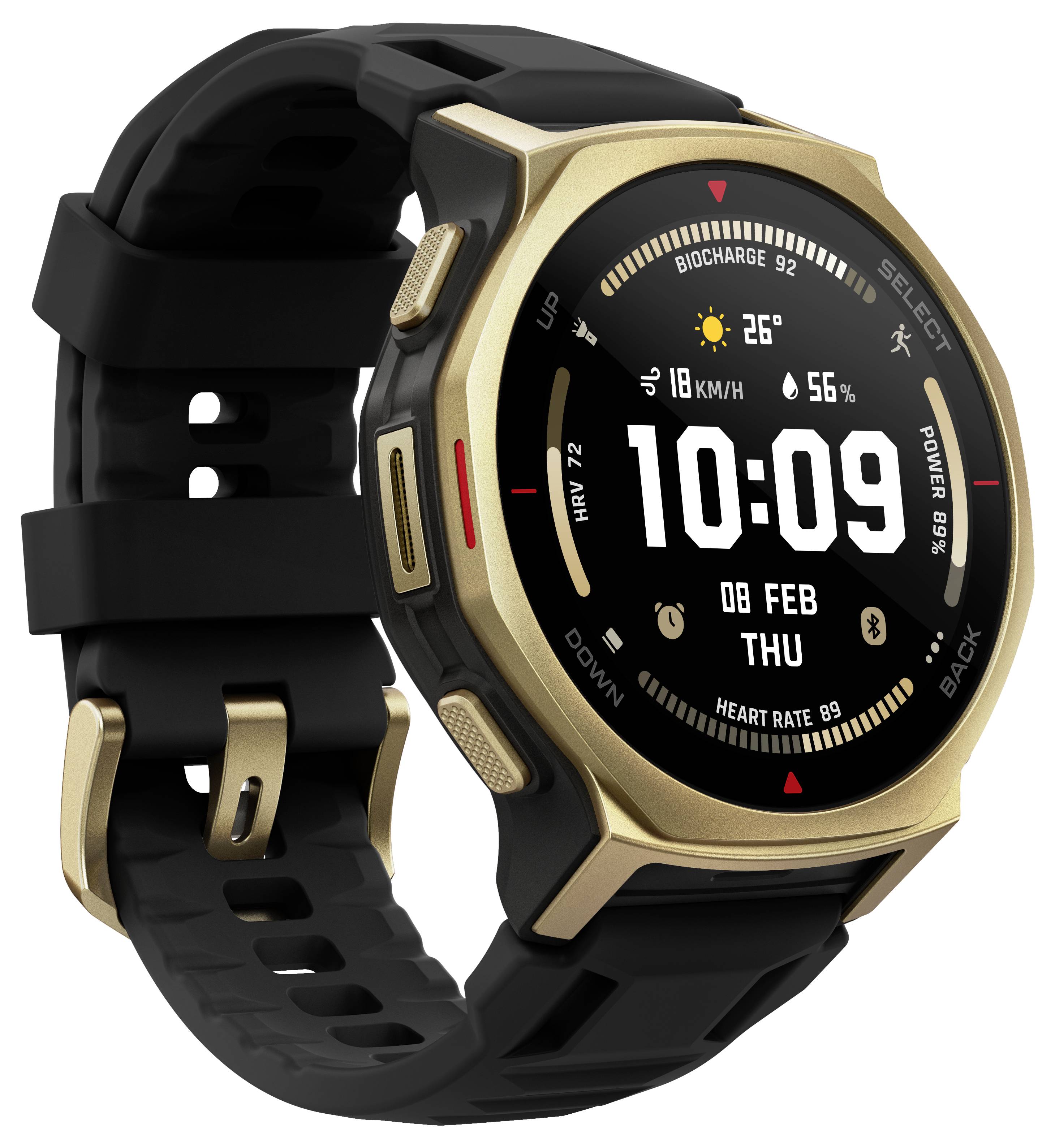 Gold-schwarze digitale Smartwatch mit rundem Display, das 10:09 anzeigt, 26°C, 56% Akku, Datum 08 FEB DO und Gesundheits-/Fitness-Symbole.