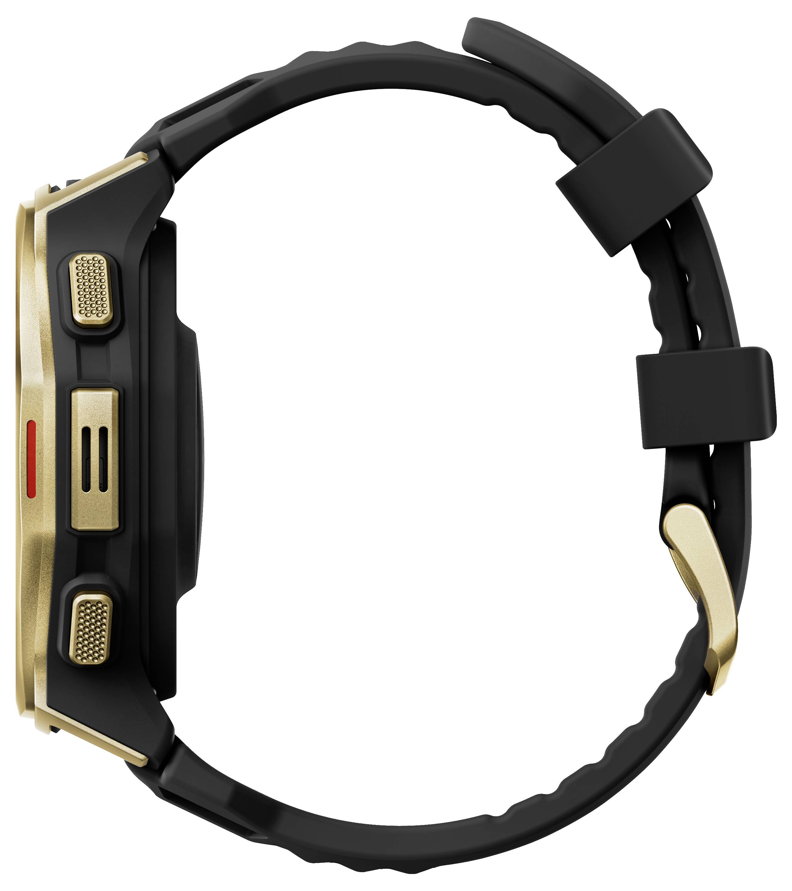 Seitenansicht einer schwarzen und goldenen Smartwatch mit einem kreisförmigen Armband, das das Uhrengehäuse und die seitlichen Tasten zeigt.