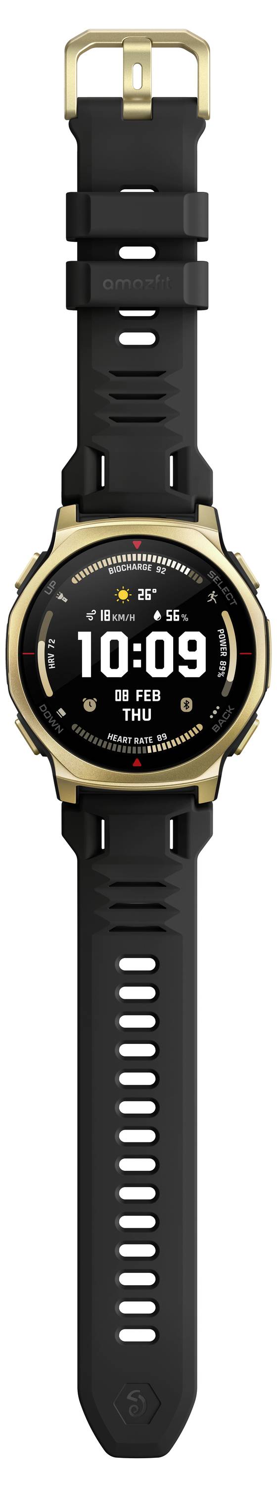 Schwarze digitale Sportarmbanduhr mit goldenem Bezel und schwarzem Armband, zeigt 10:09 und THU auf dem Zifferblatt.