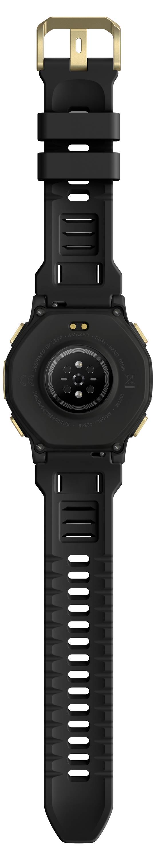 Schwarze runde Smartwatch von hinten gezeigt, mit goldfarbener Schnallenverschluss und langem perforiertem Silikonarmband.