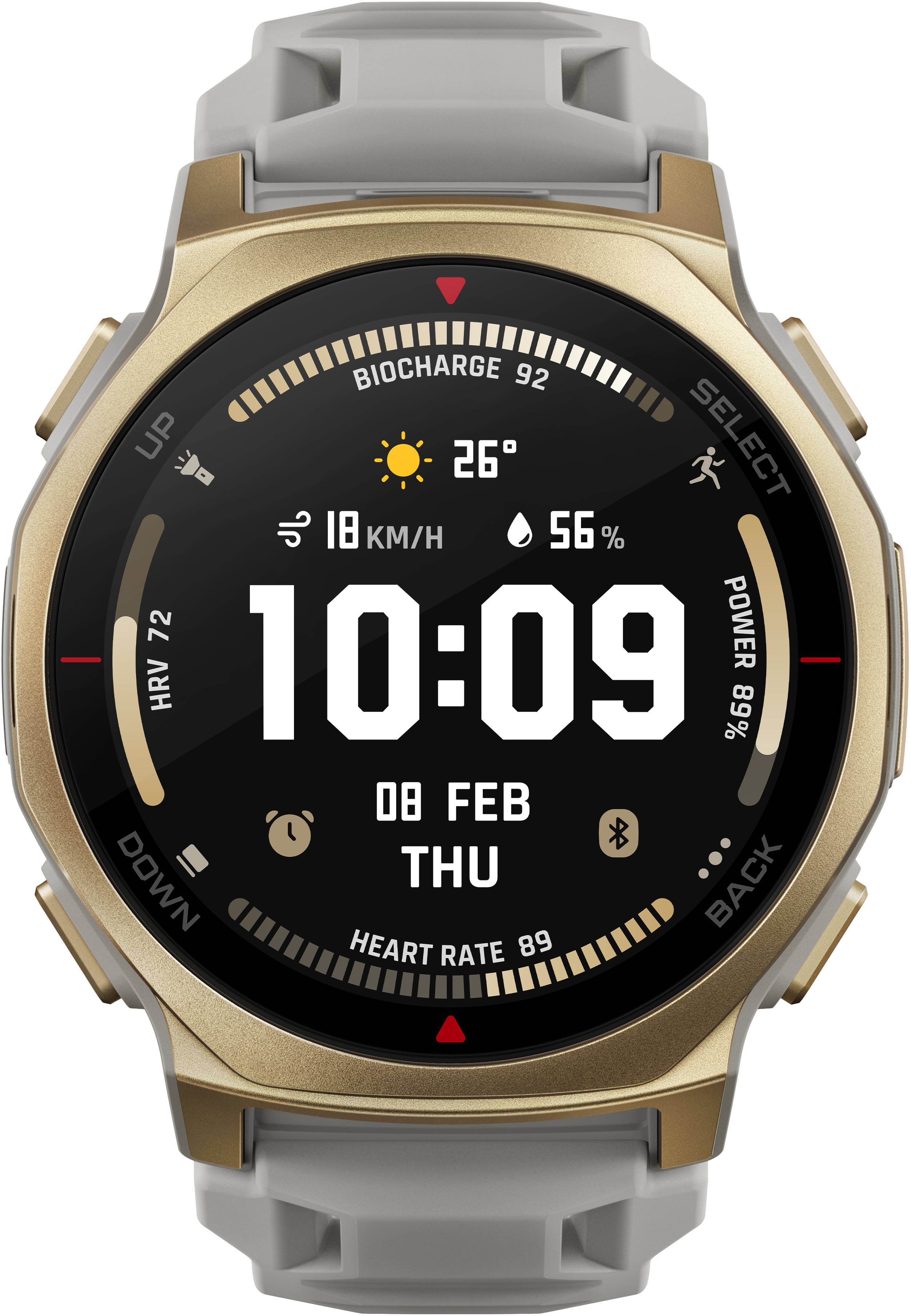 Eine Smartwatch-Anzeige zeigt das Datum '08 FEB', die Zeit '10:09', die Temperatur '26°C' und die Luftfeuchtigkeit '56%', sowie Fitness-Daten und Steuerungstasten.