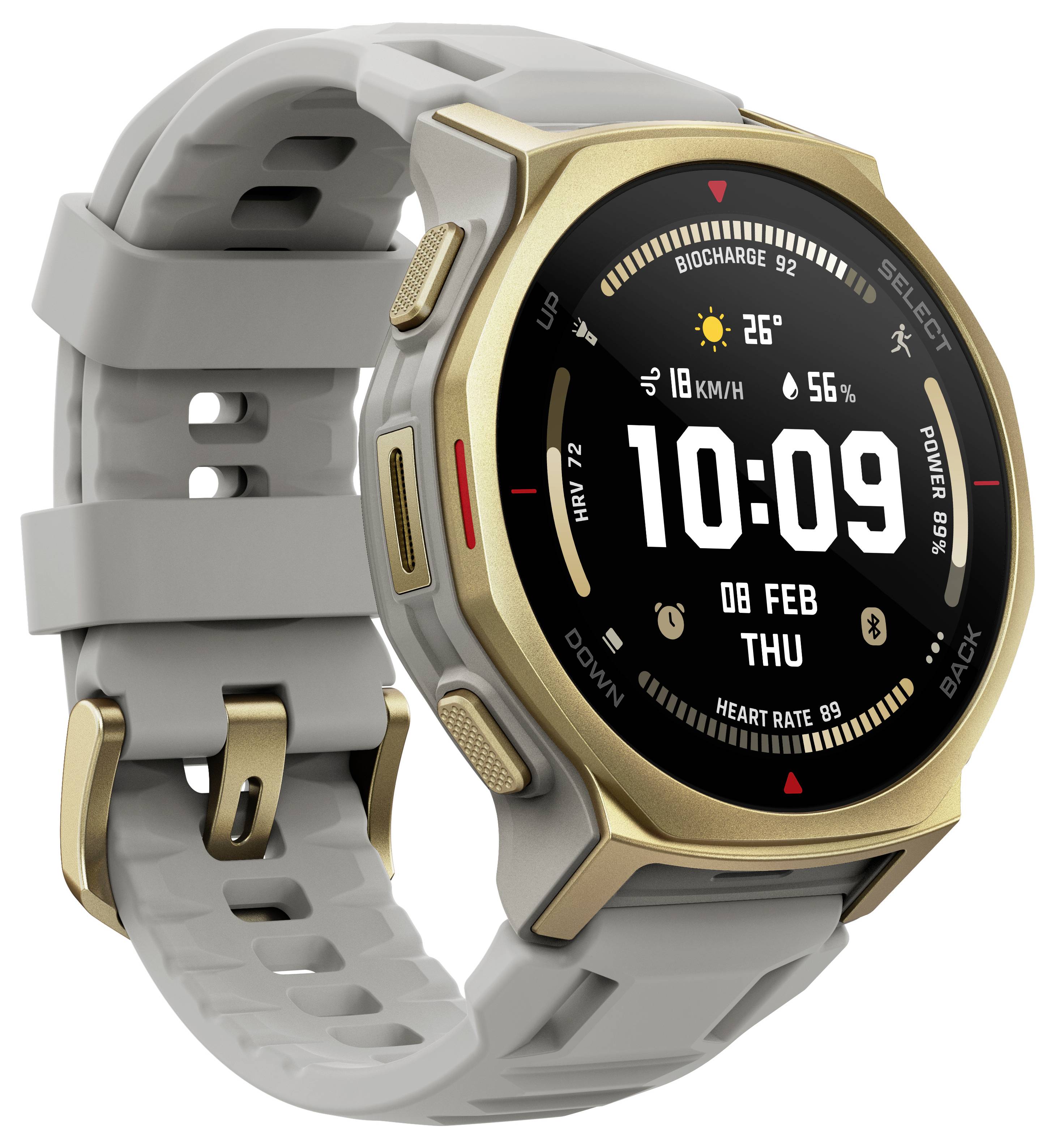 Eine Smartwatch mit einer goldfarbenen Lünette und grauem Armband zeigt die Uhrzeit als '10:09', das Datum als '08 Feb Do', die Herzfrequenz mit 82 Schlägen pro Minute und weitere Kennzahlen an.