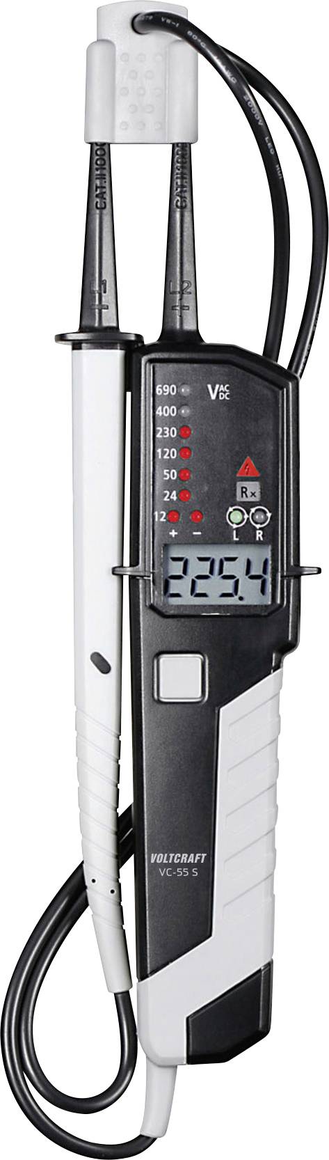 Digitales Multimeter mit zwei Messspitzen, das eine Anzeige von '325,4' zeigt. Rote LED-Anzeigen signalisieren verschiedene Messungsbereiche am Gerät.